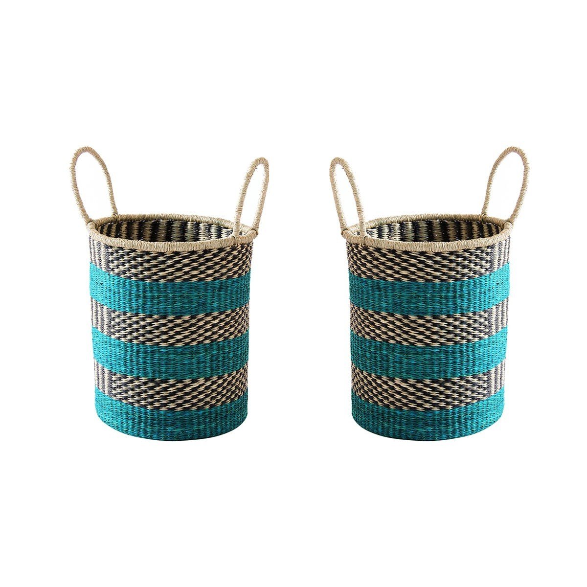 Panier rond tressé en jonc de mer noir et bleu - Lot de 2 (photo) Panier rond tressé en jonc de mer noir et bleu - Lot de 2