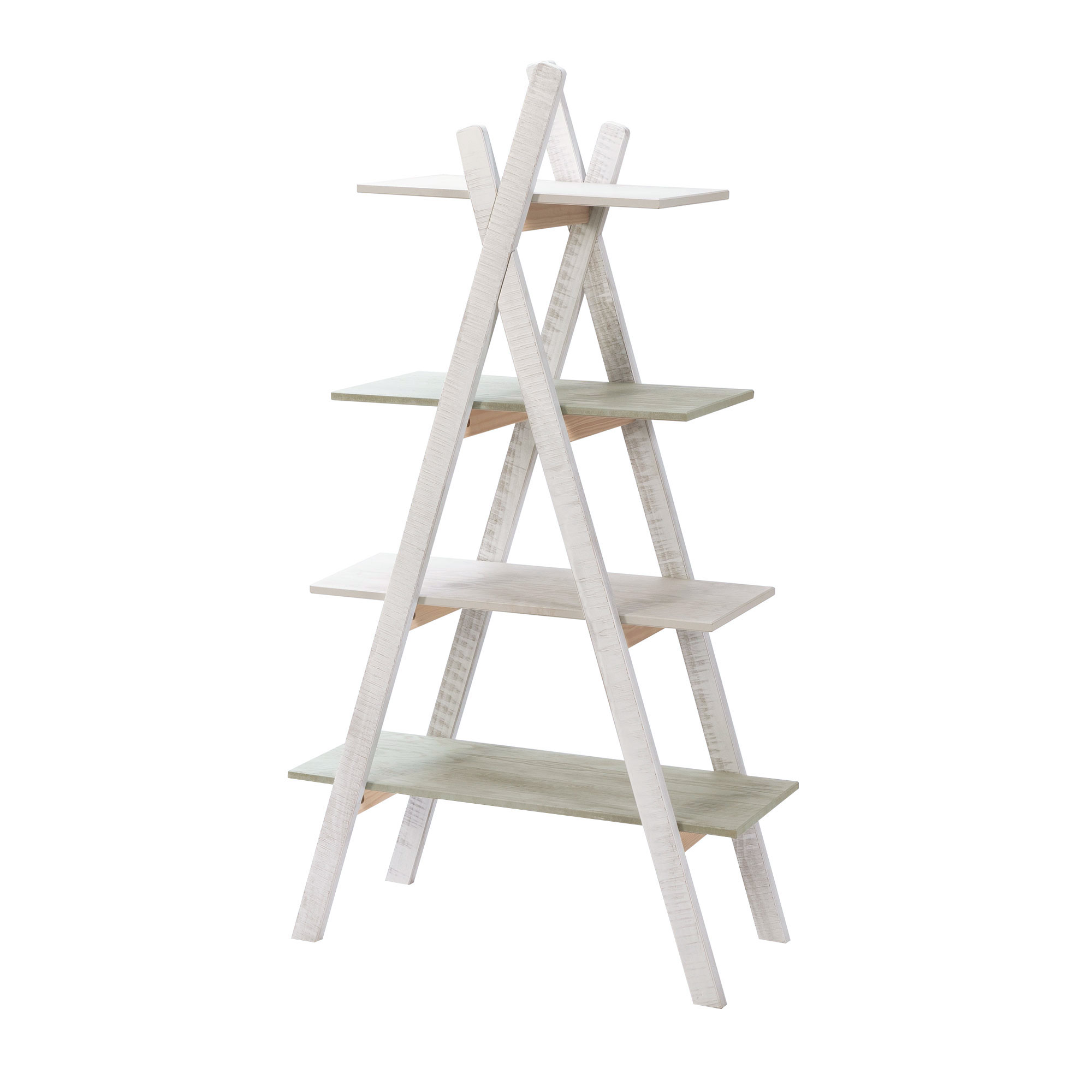 Étagère bibliothèque 4 niveaux design pyramidal blanc vert rustique Étagère bibliothèque 4 niveaux design pyramidal blanc vert rustique