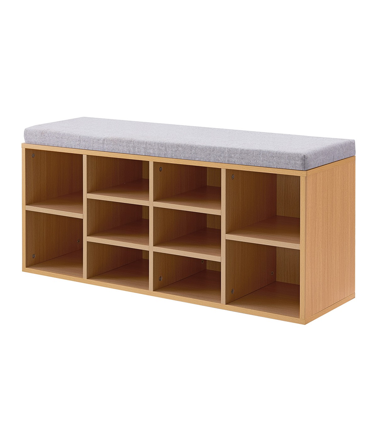 Banc à chaussures avec cases assise couleur grise et structure marron Banc à chaussures avec cases assise couleur grise et structure marron