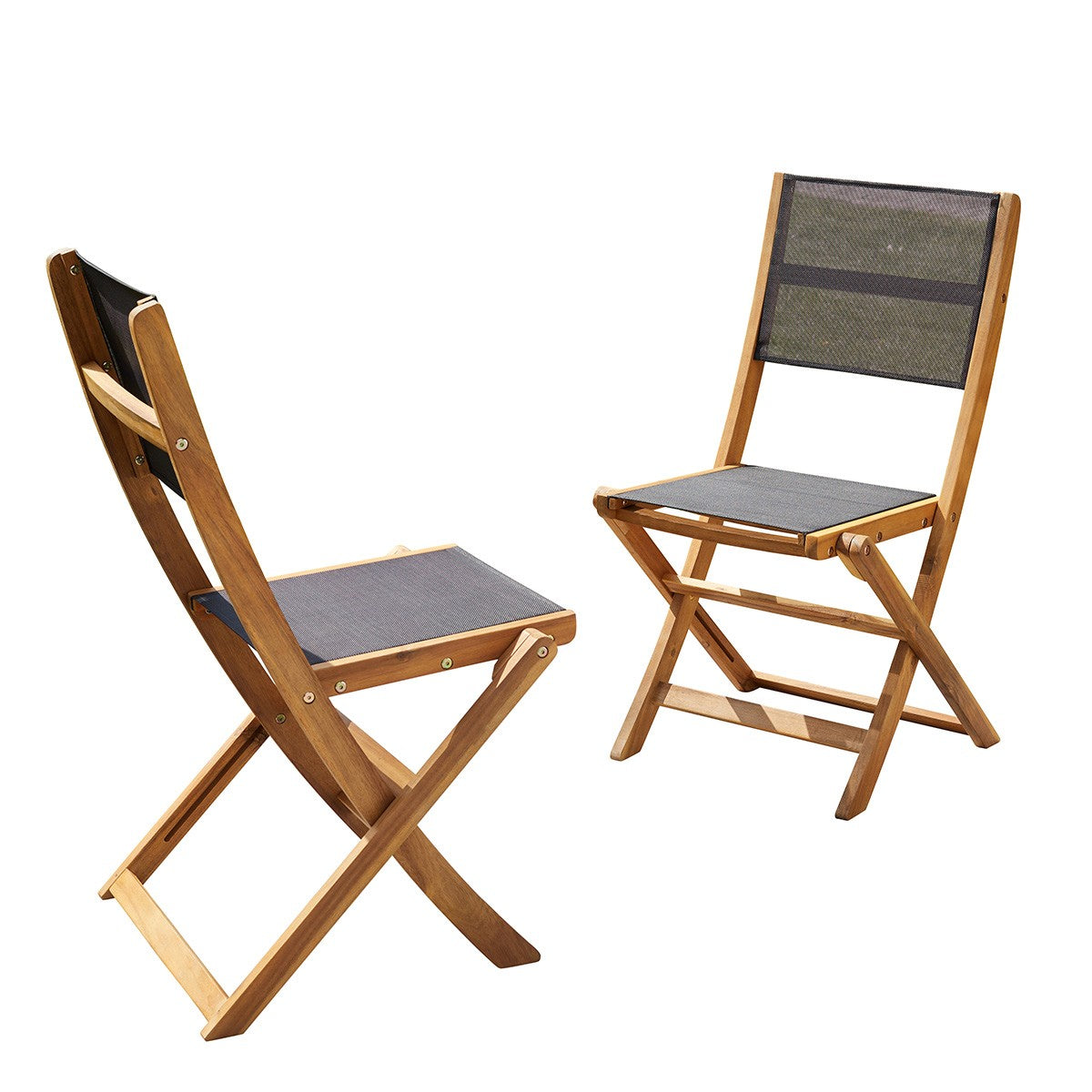 2 chaises pliantes en acacia et textilène noir
