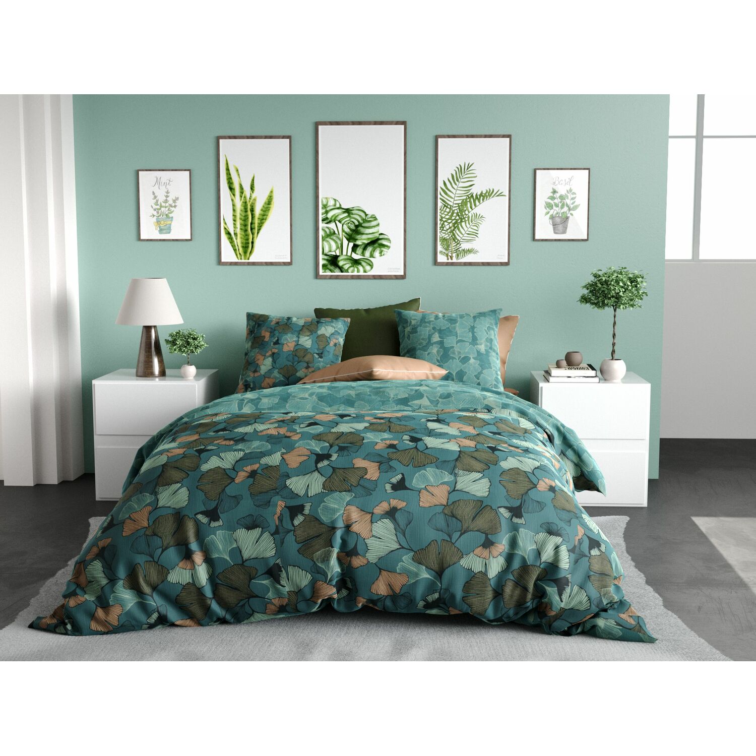 Parure de lit en percale vert 140x200 + 1 to 65x65