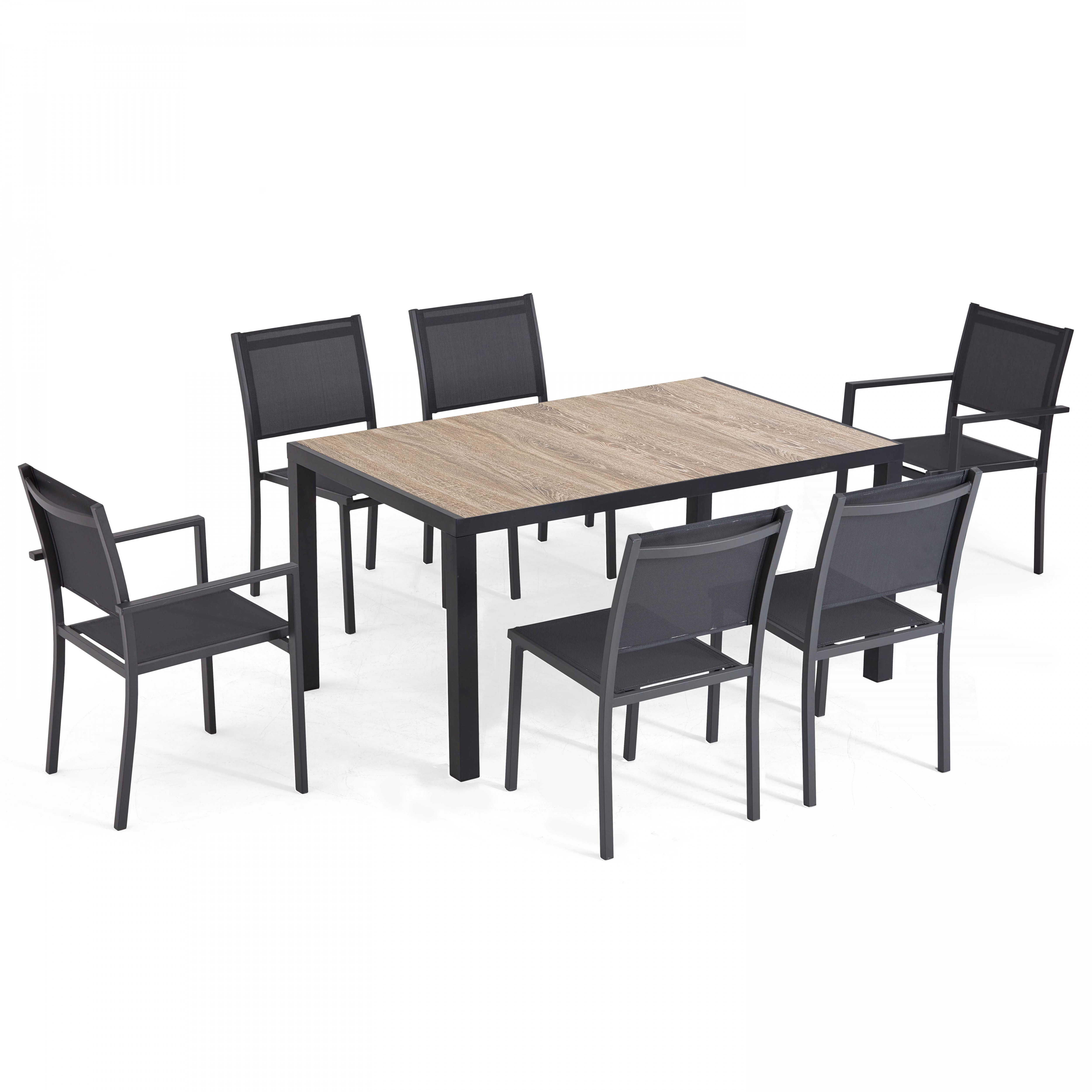 Ensemble table de jardin et 6 chaises en aluminium et céramique bois