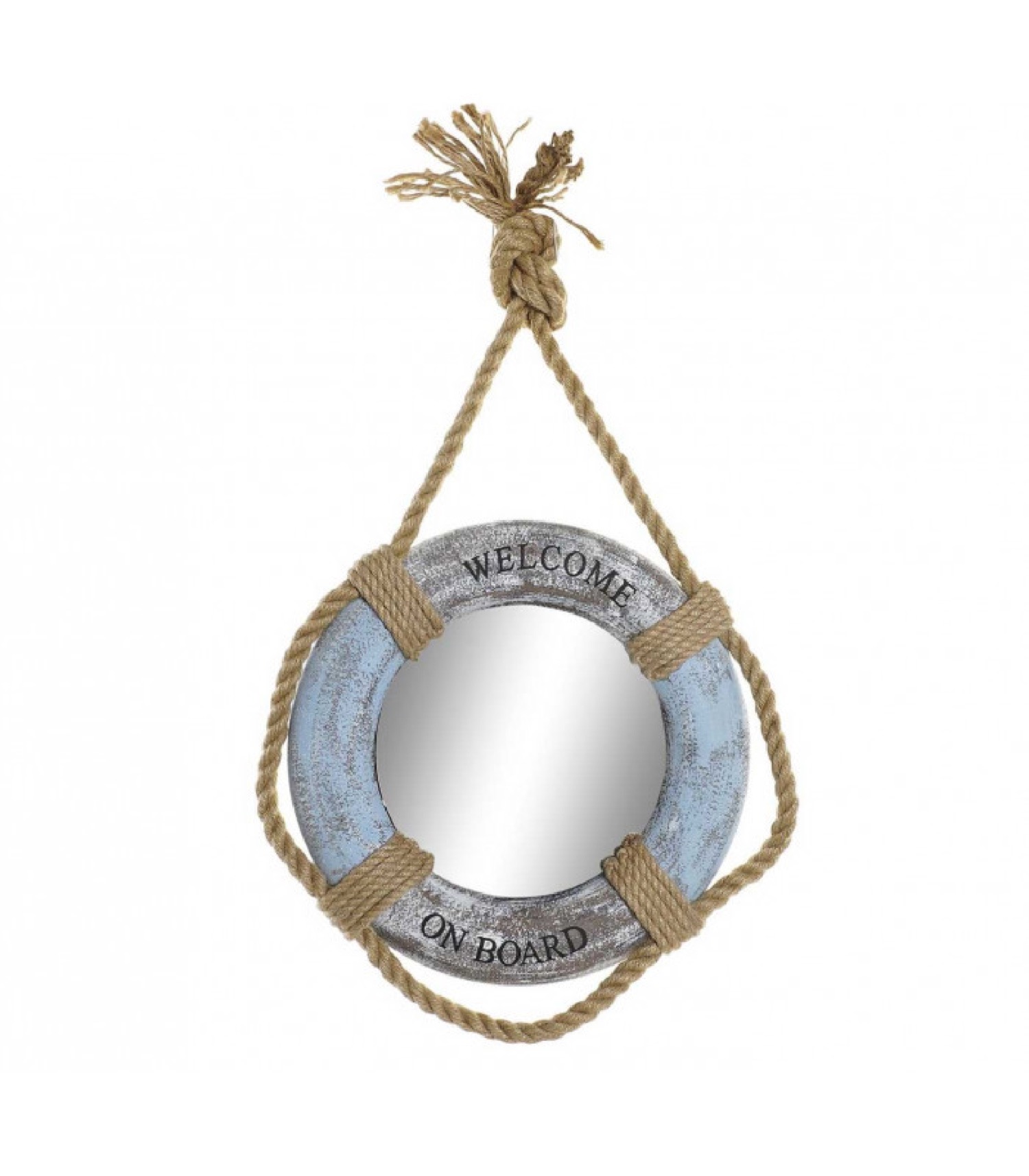 Miroir bleu rond suspendu bois et corde D41