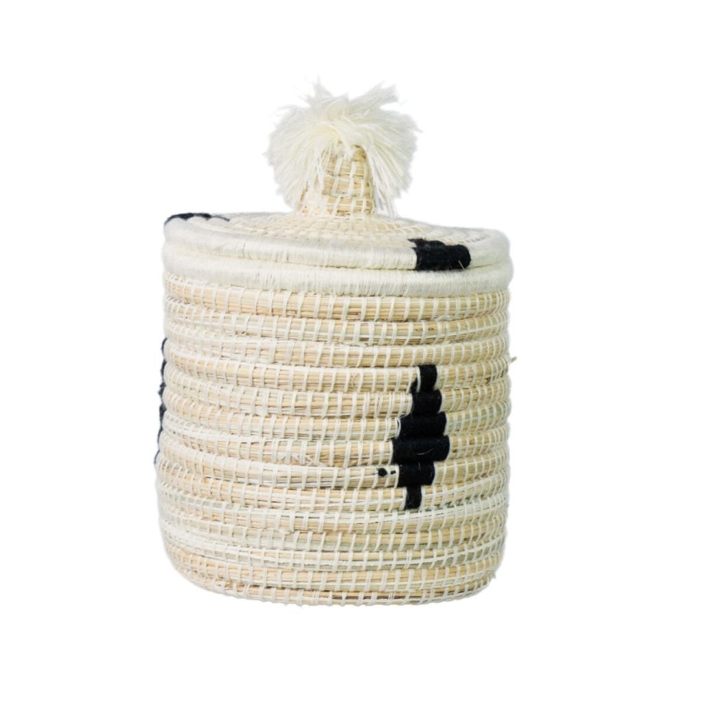 Boîte berbère en laine et osier motif noir Boîte berbère en laine et osier motif noir