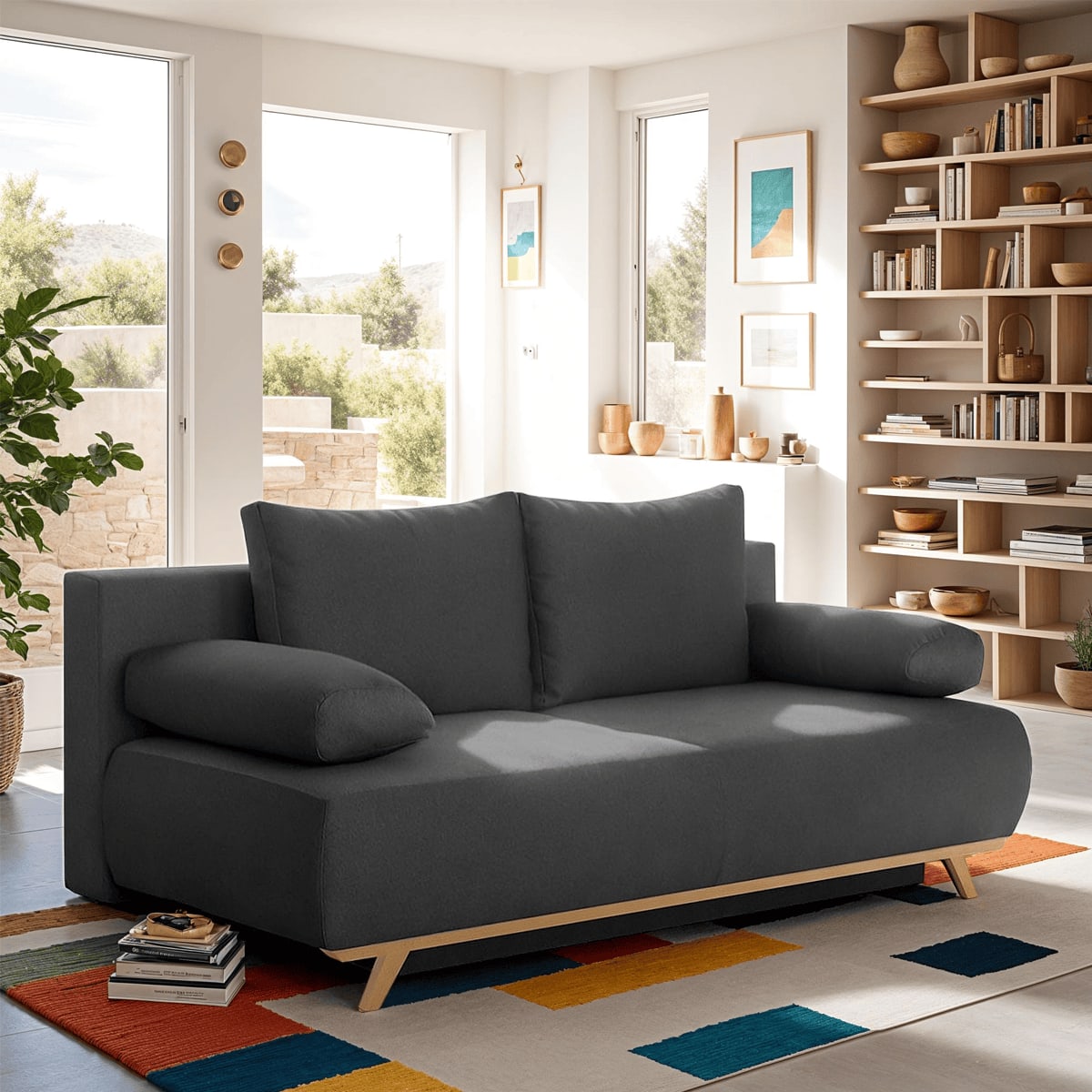 Canapé convertible 3 places avec coffre de rangement tissu anthracite - Vue supplémentaire 1