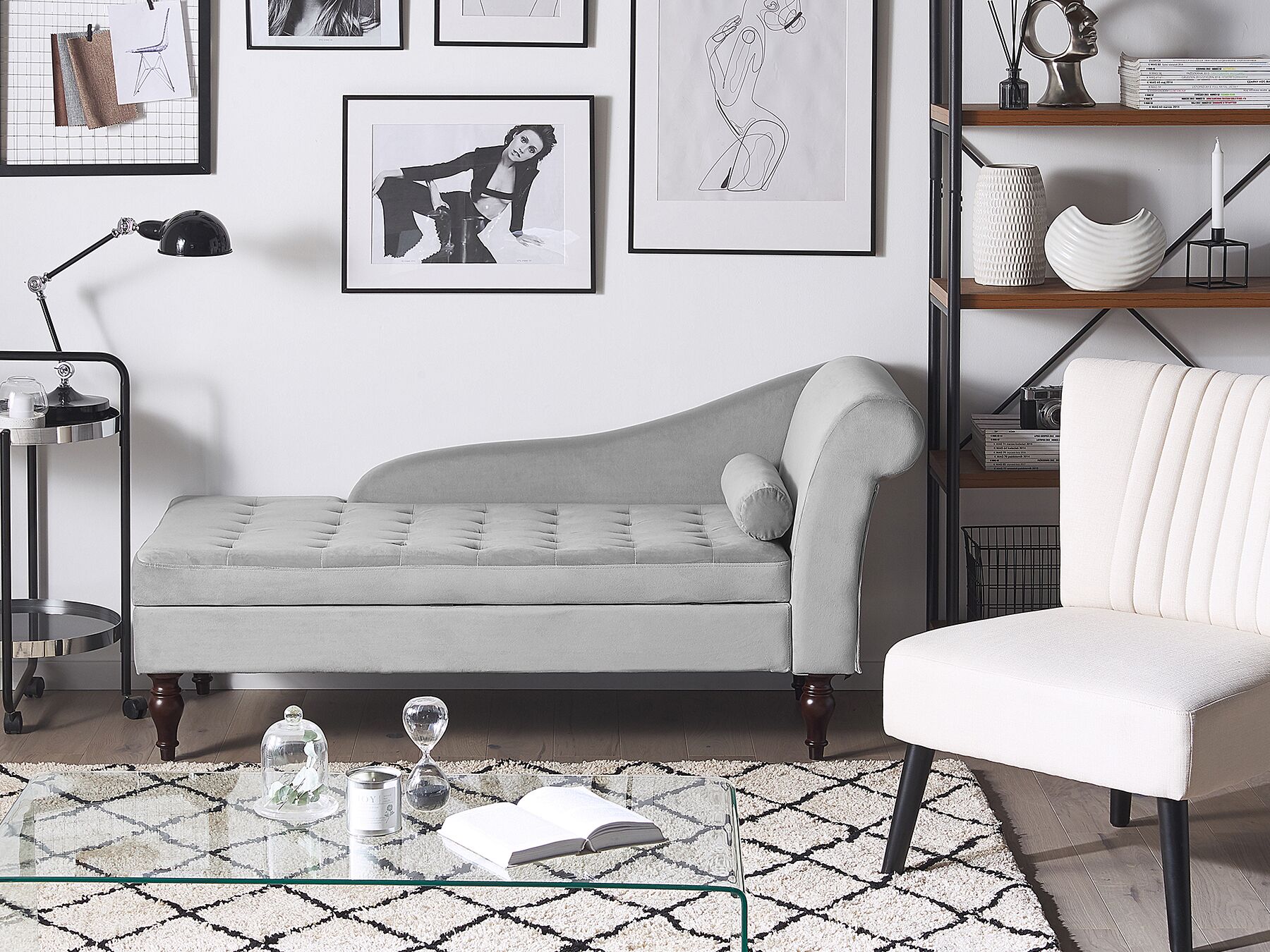 Chaise longue en velours gris clair avec rangement - Vue supplémentaire 1