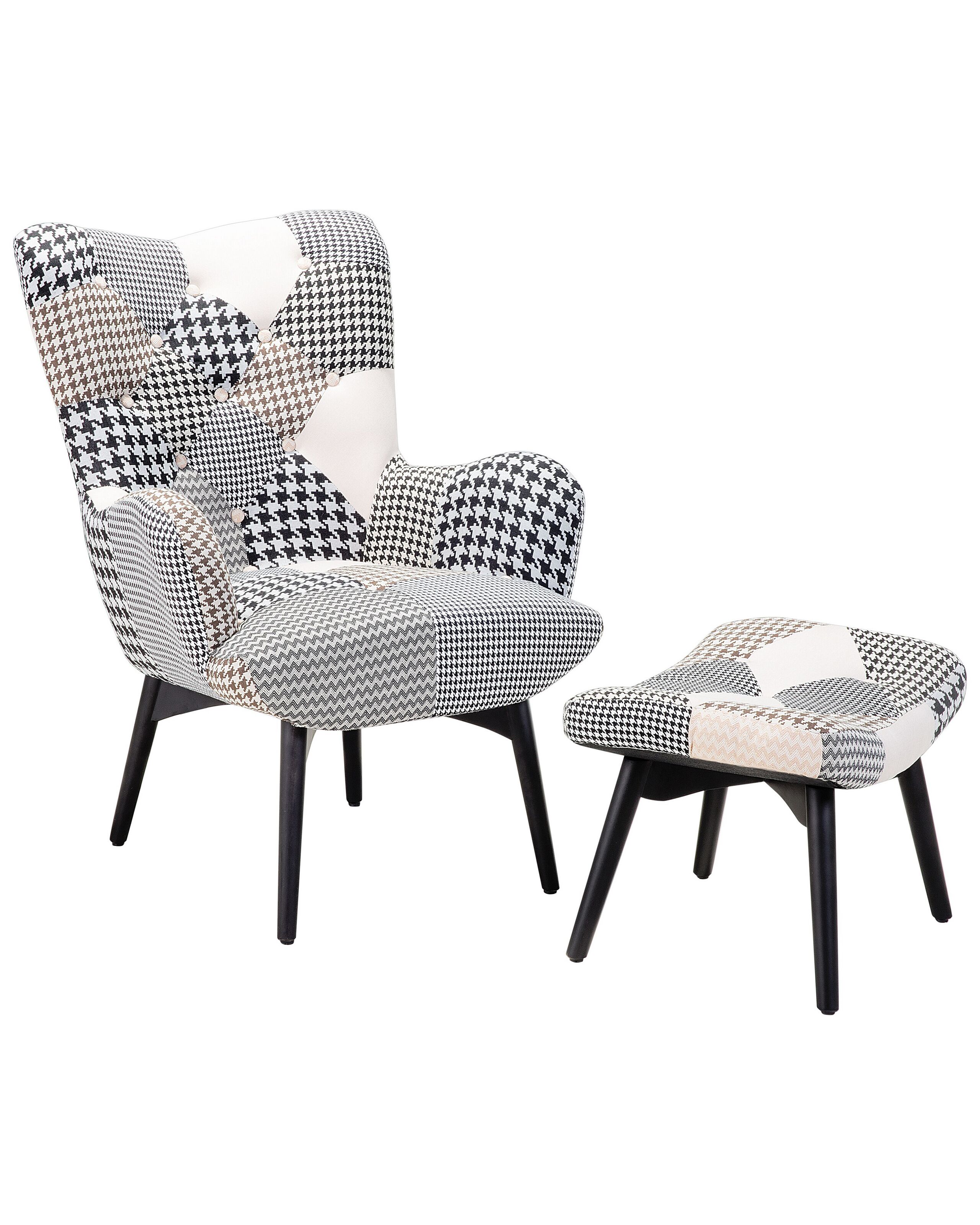 Fauteuil en tissu tapissé noir blanc repose-pieds (photo) Fauteuil en tissu tapissé noir blanc repose-pieds