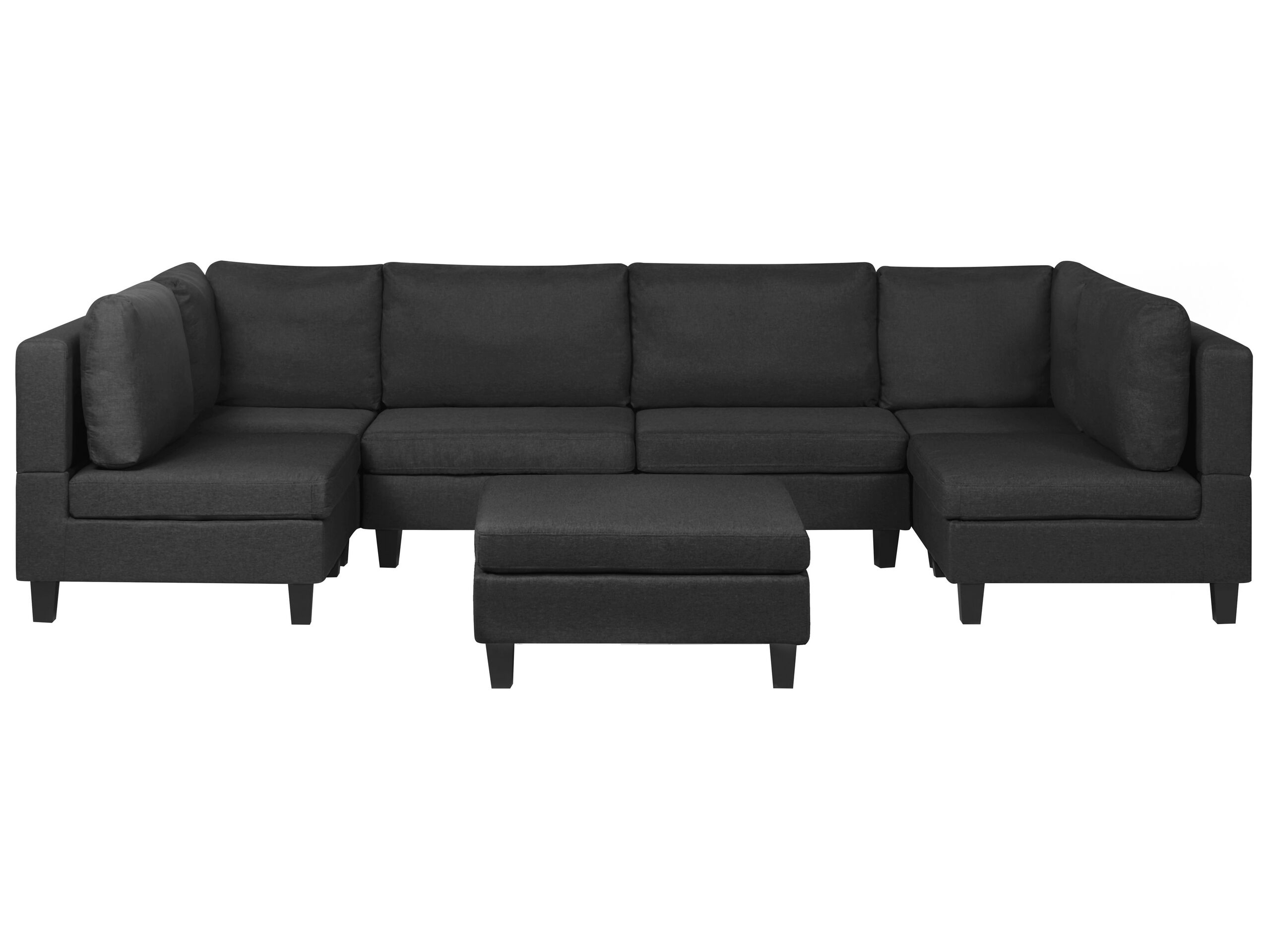Canapé panoramique modulable 6 places en tissu noir avec pouf ottoman (photo) Canapé panoramique modulable 6 places en tissu noir avec pouf ottoman