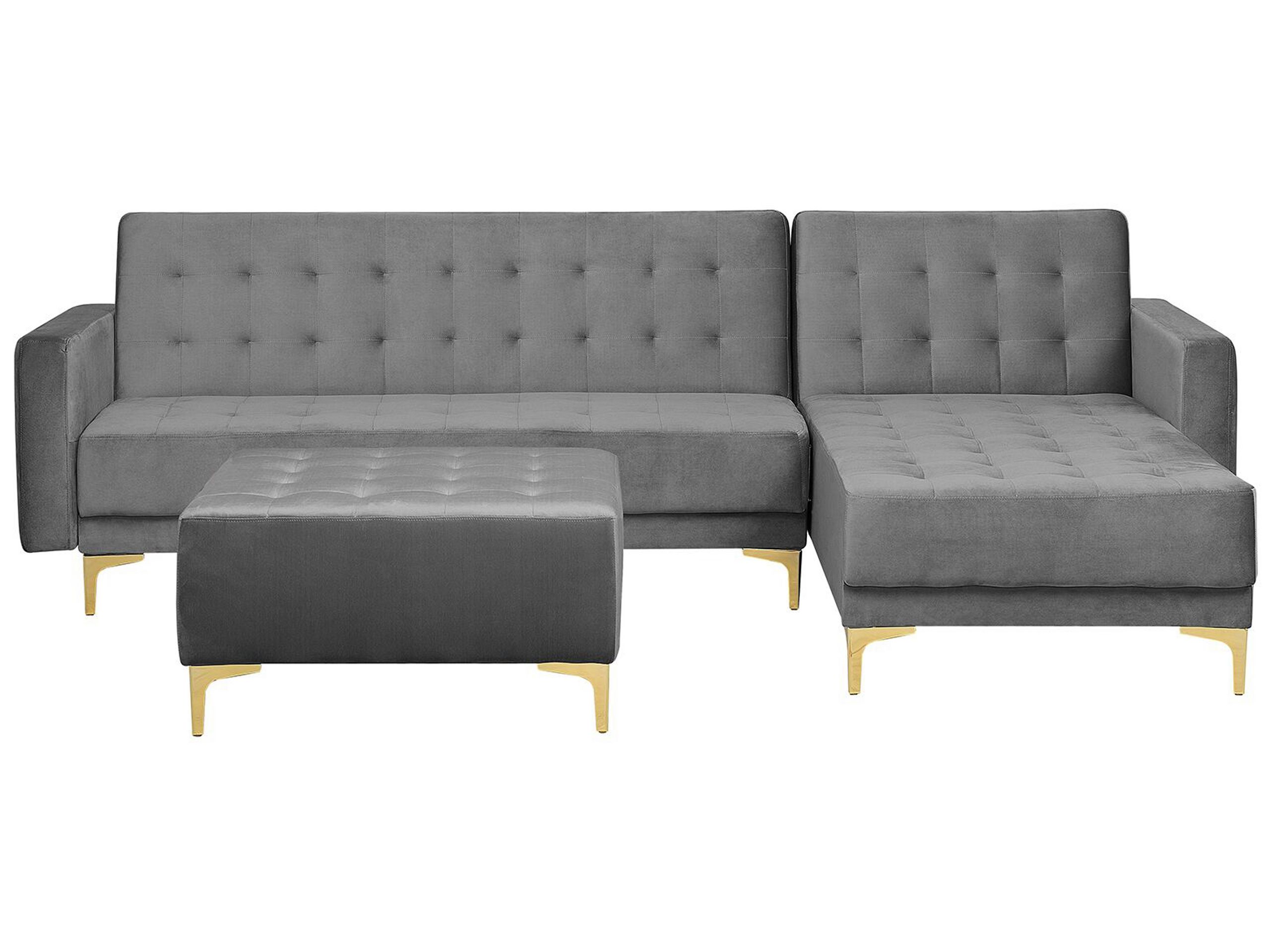 Canapé angle gauche convertible en velours gris 4 places avec pouf (photo) Canapé angle gauche convertible en velours gris 4 places avec pouf