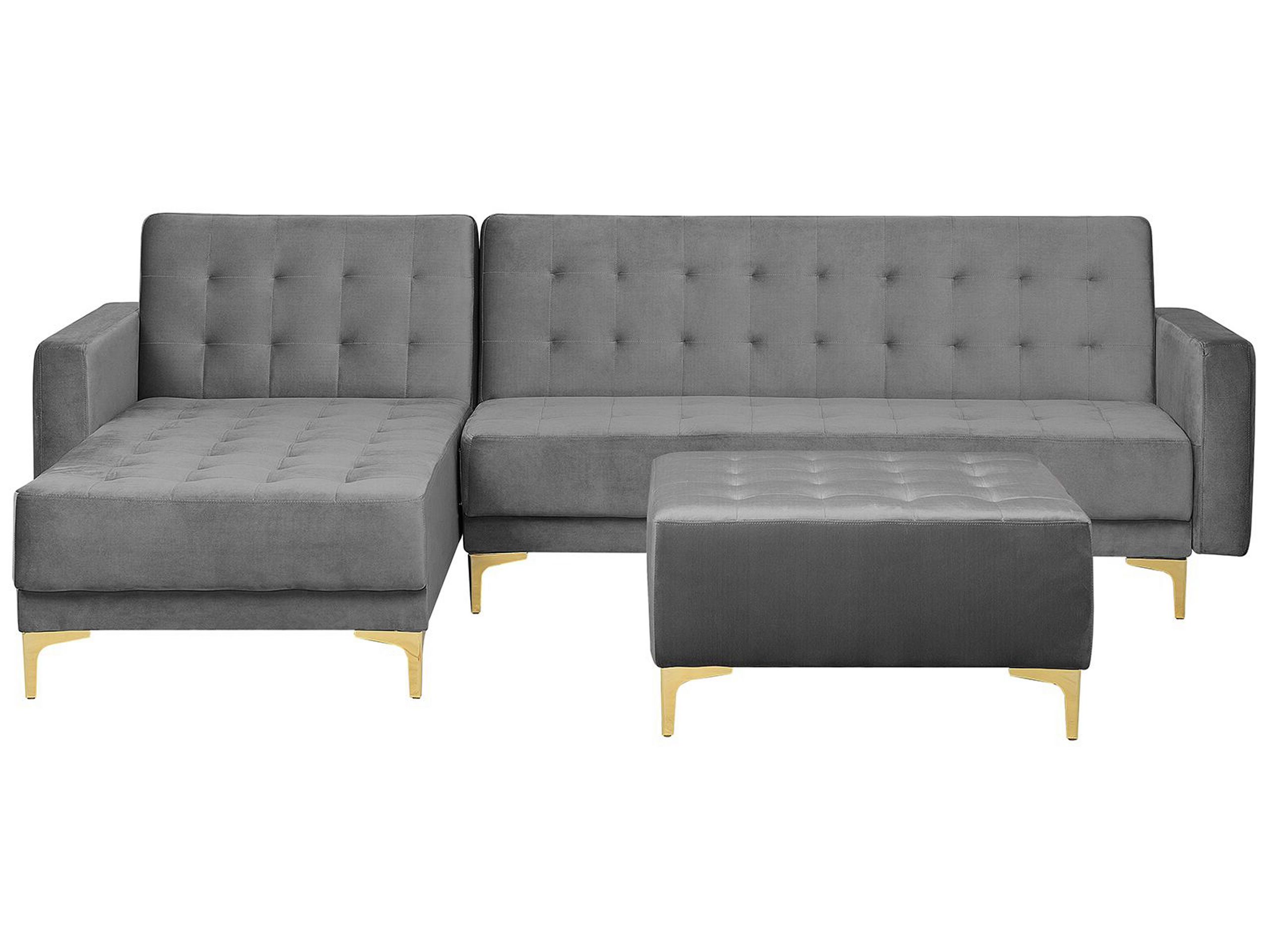 Canapé angle droite convertible en velours gris 4 places avec pouf (photo) Canapé angle droite convertible en velours gris 4 places avec pouf