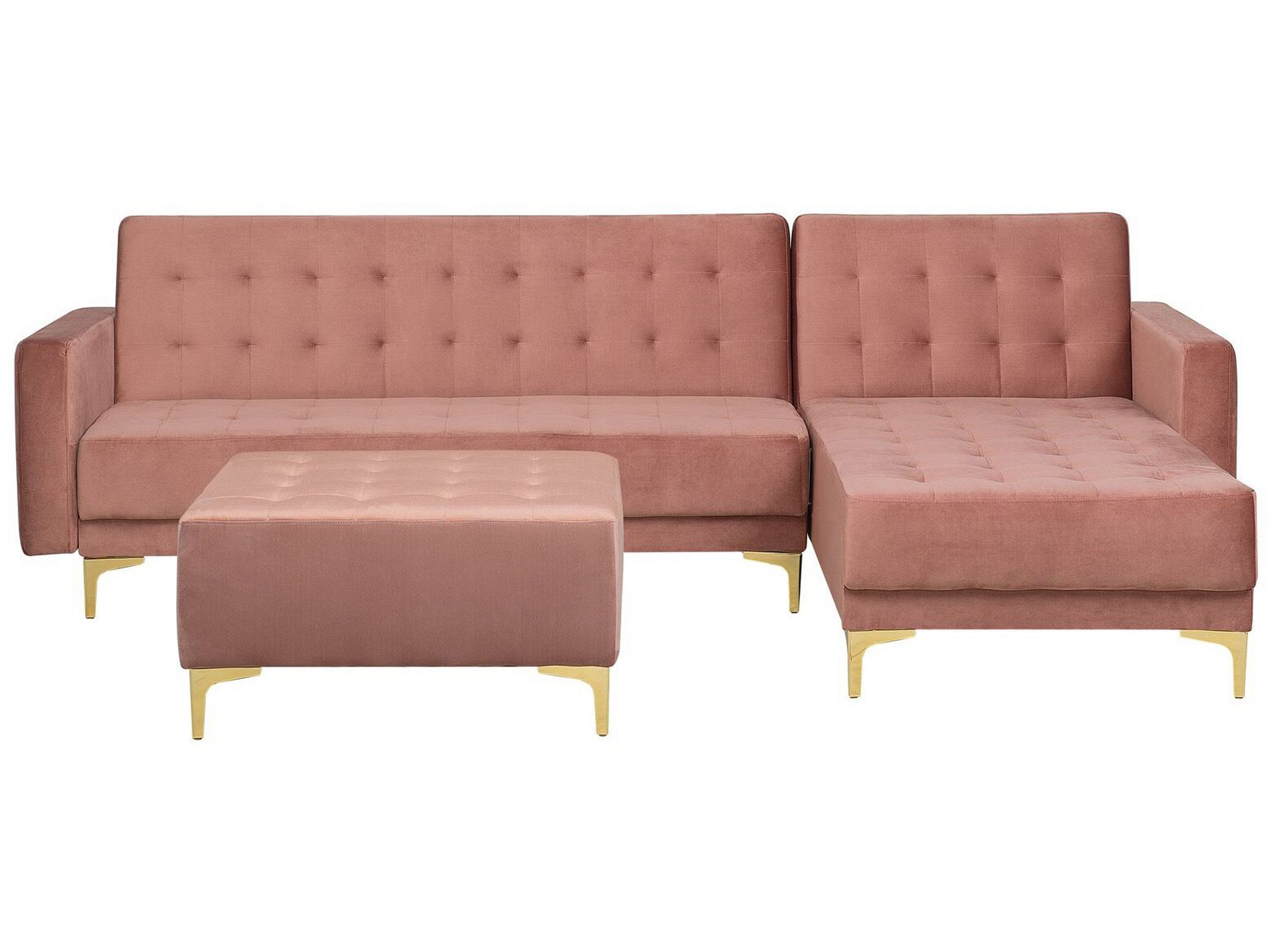 Canapé angle gauche convertible en velours rose 4 places avec pouf (photo) Canapé angle gauche convertible en velours rose 4 places avec pouf