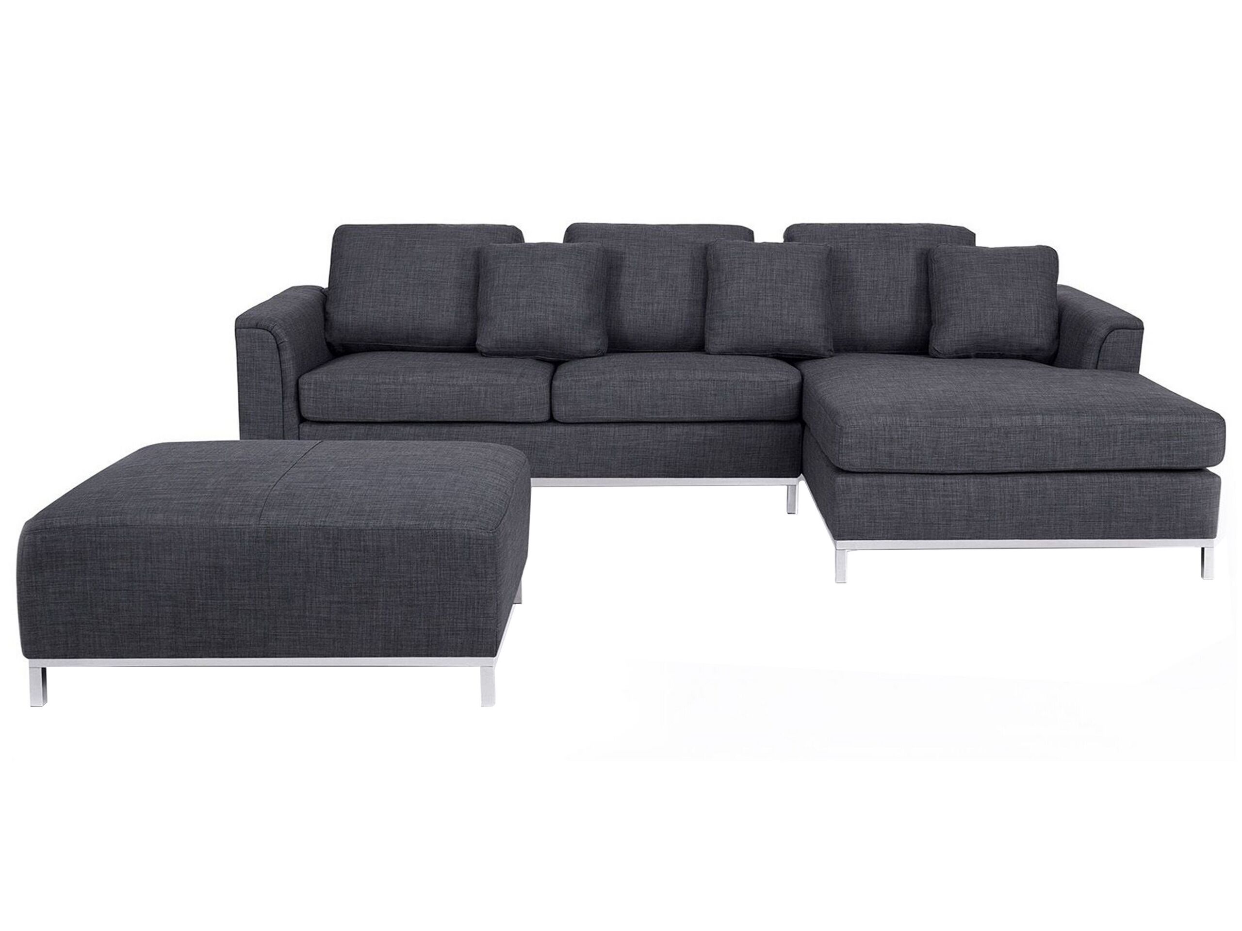 Canapé angle à gauche 4 places en tissu gris foncé avec pouf (photo) Canapé angle à gauche 4 places en tissu gris foncé avec pouf
