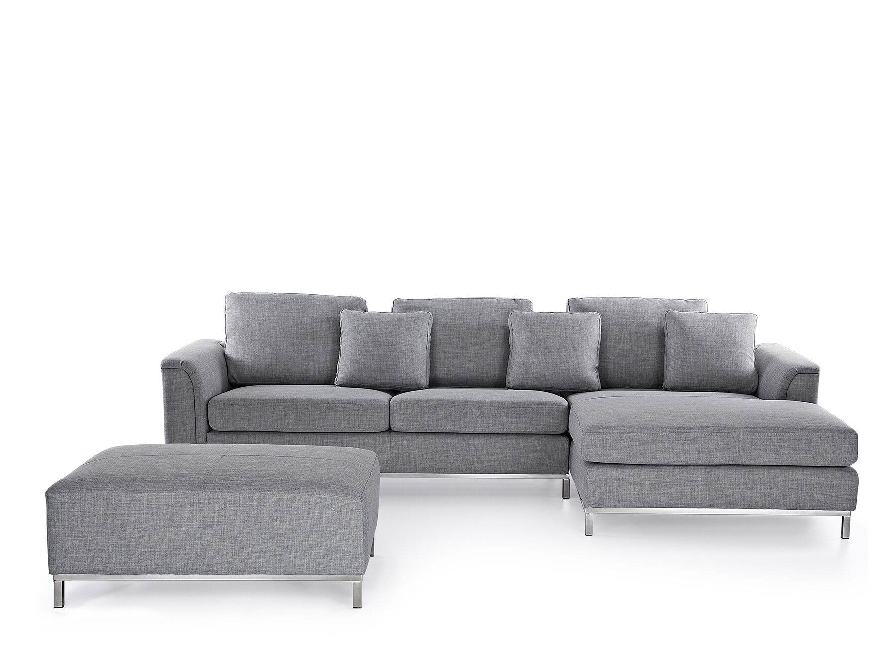 Canapé angle à gauche 4 places en tissu gris clair avec pouf (photo) Canapé angle à gauche 4 places en tissu gris clair avec pouf