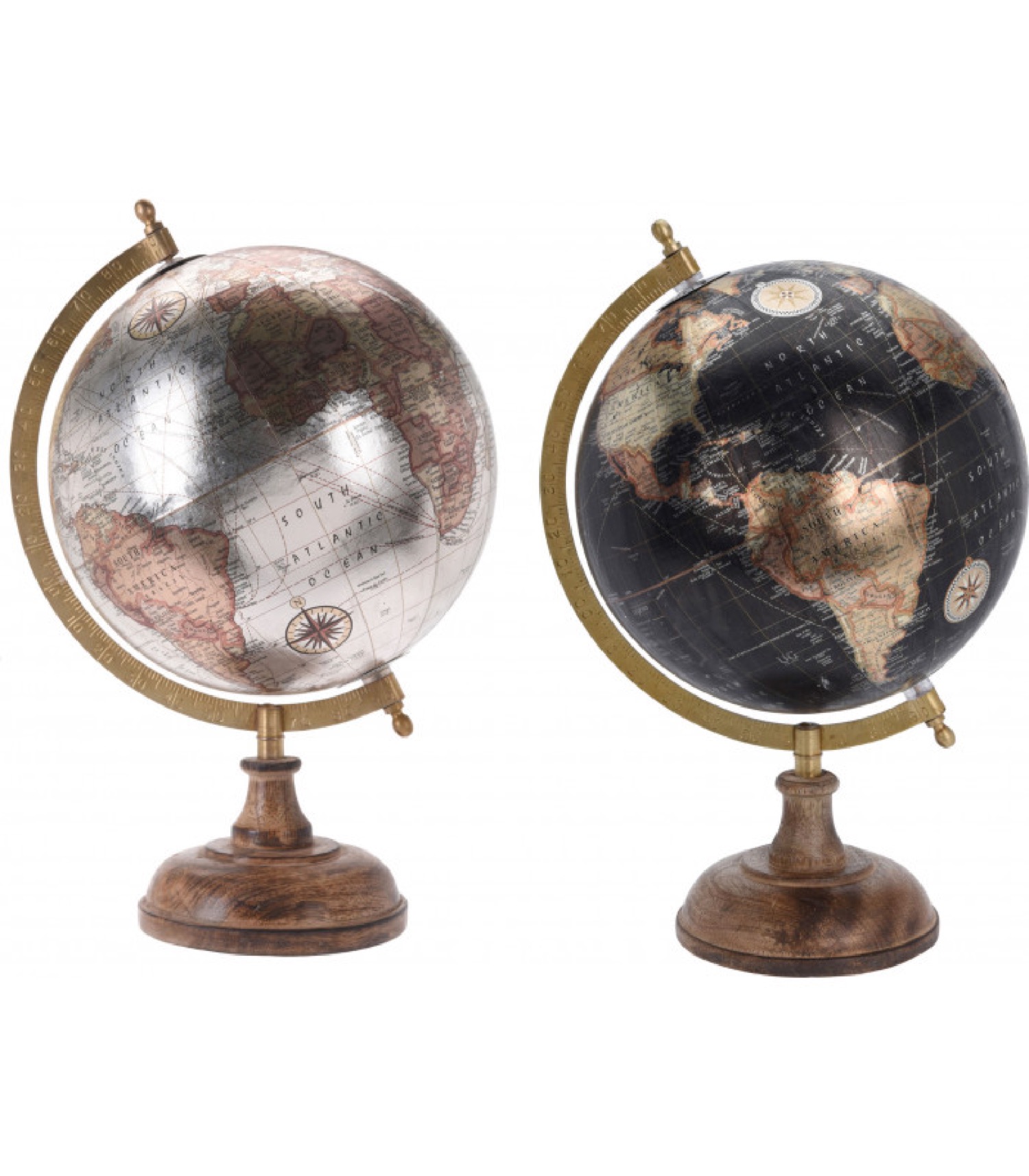 Set de 2 globes terrestres style ancien argent et noir