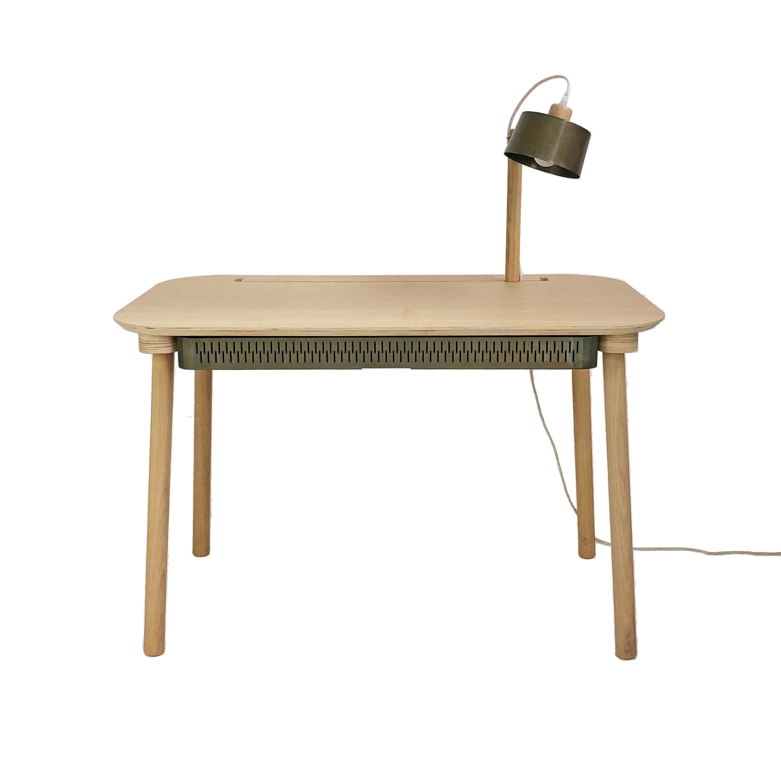 Bureau en chêne avec lampe et tiroir en métal vernis BRUT