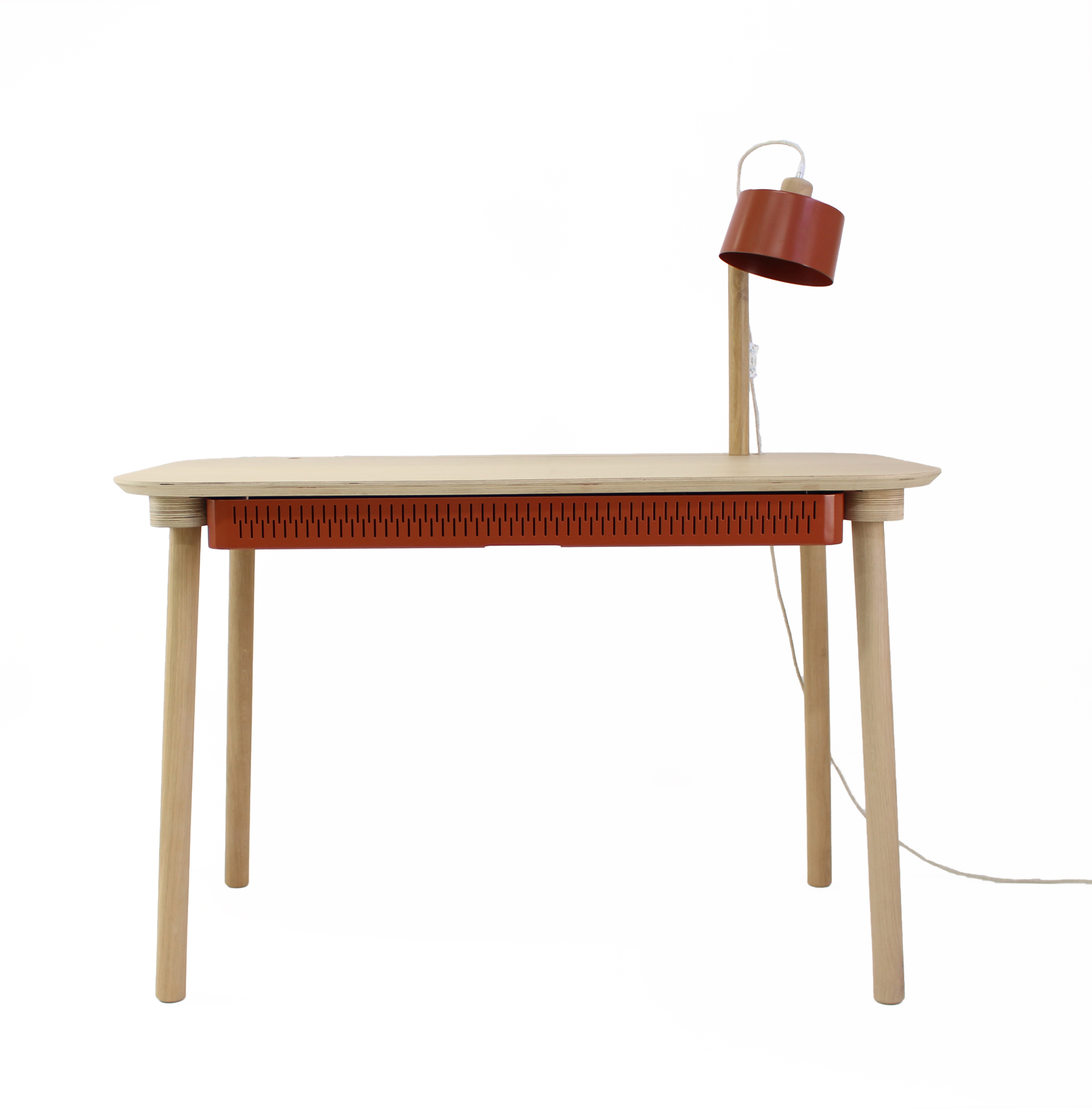 Bureau en chêne avec lampe et tiroir en métal terracotta
