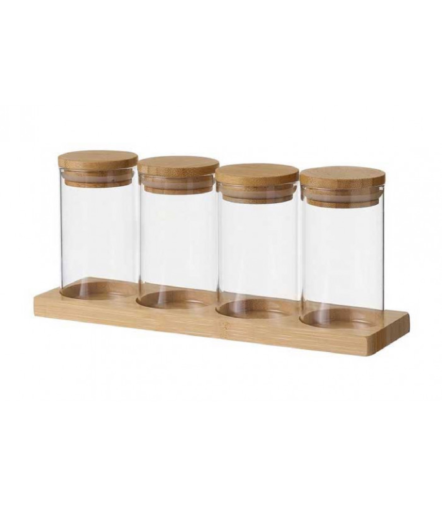 Set de 4 pots à épices en verre et plateau en bambou Set de 4 pots à épices en verre et plateau en bambou