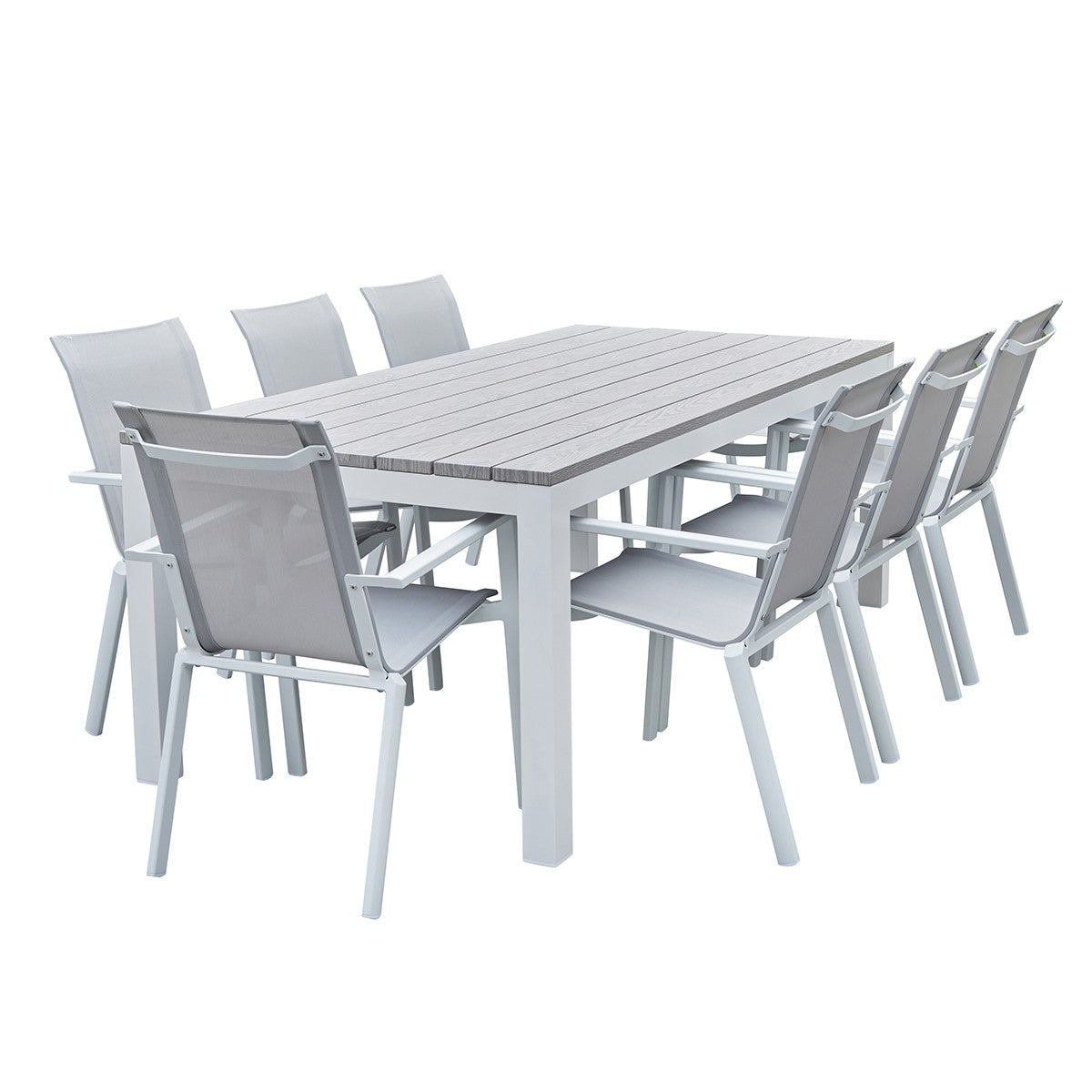 Salon de jardin aluminium blanc et textilène gris 8 personnes