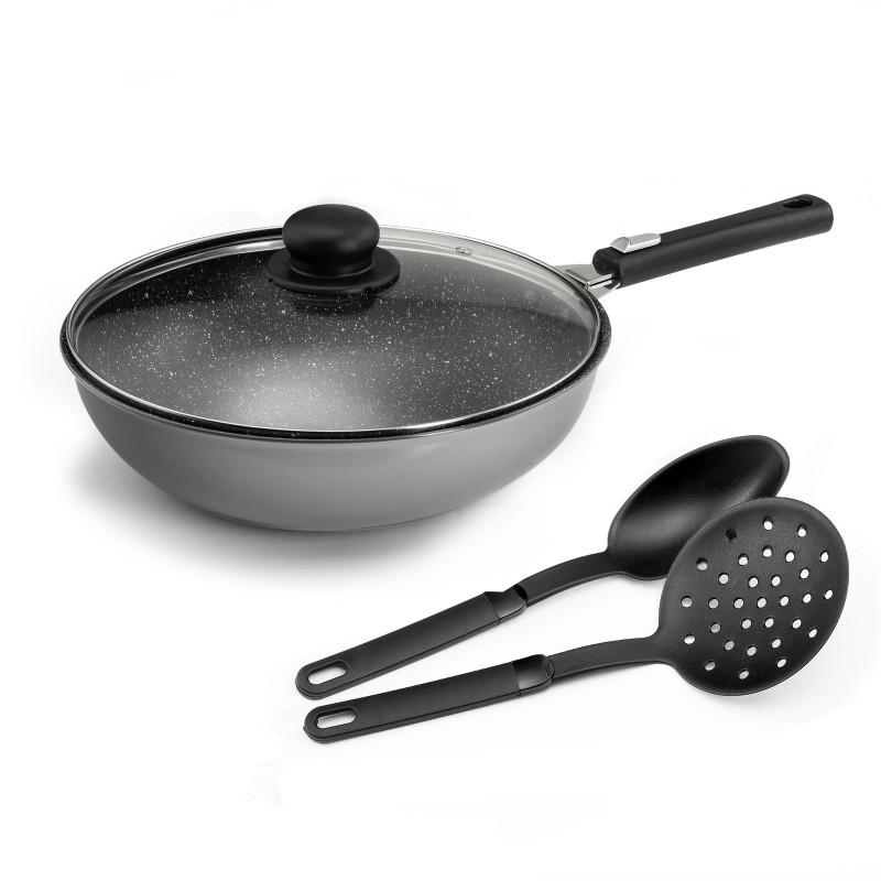 Wok 28cm, 1 couvercle, 1 poignée et 3 accessoires Wok 28cm, 1 couvercle, 1 poignée et 3 accessoires