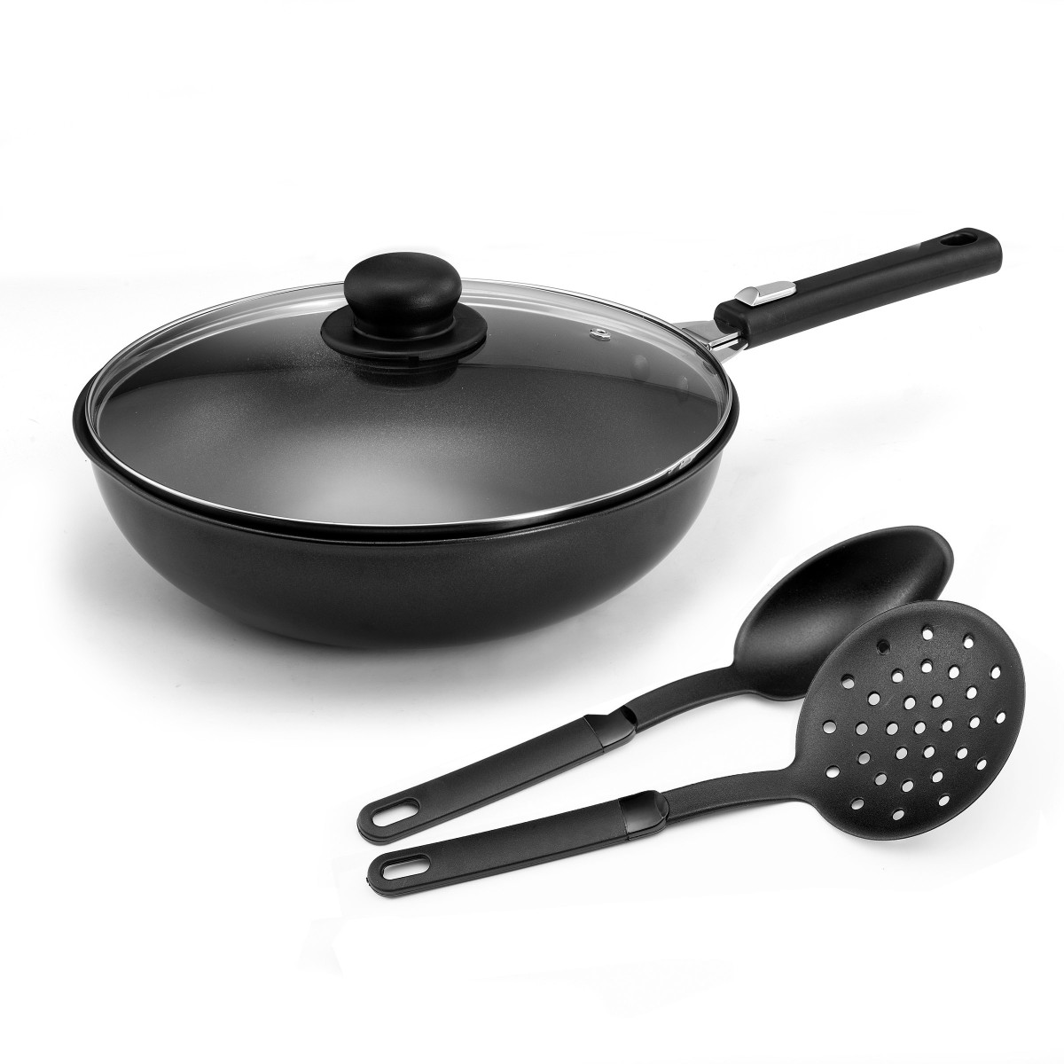 Wok 28cm, 1 couvercle, 1 poignée et 3 accessoires Wok 28cm, 1 couvercle, 1 poignée et 3 accessoires