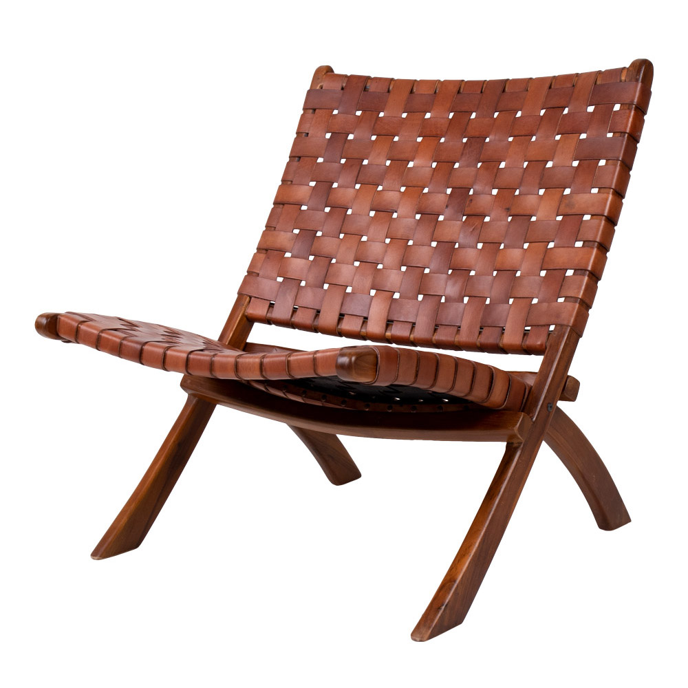 Chaise pliante en bois de teck et en cuir naturel