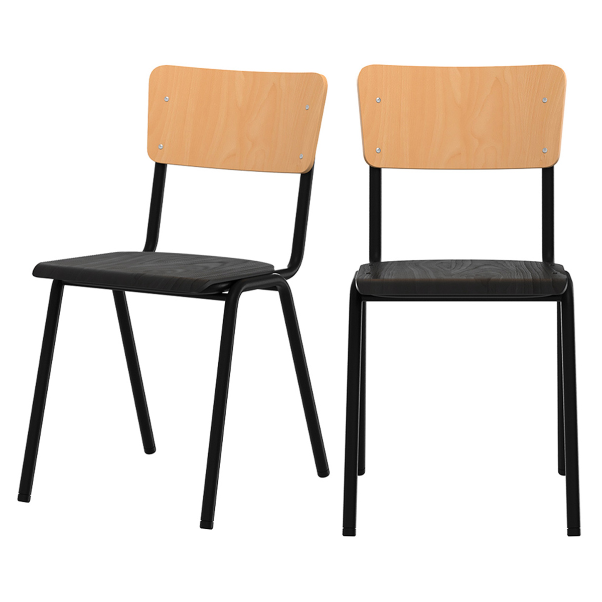 Chaise écolier en bois noir et pieds en métal (lot de 2) (photo) Chaise écolier en bois noir et pieds en métal (lot de 2)