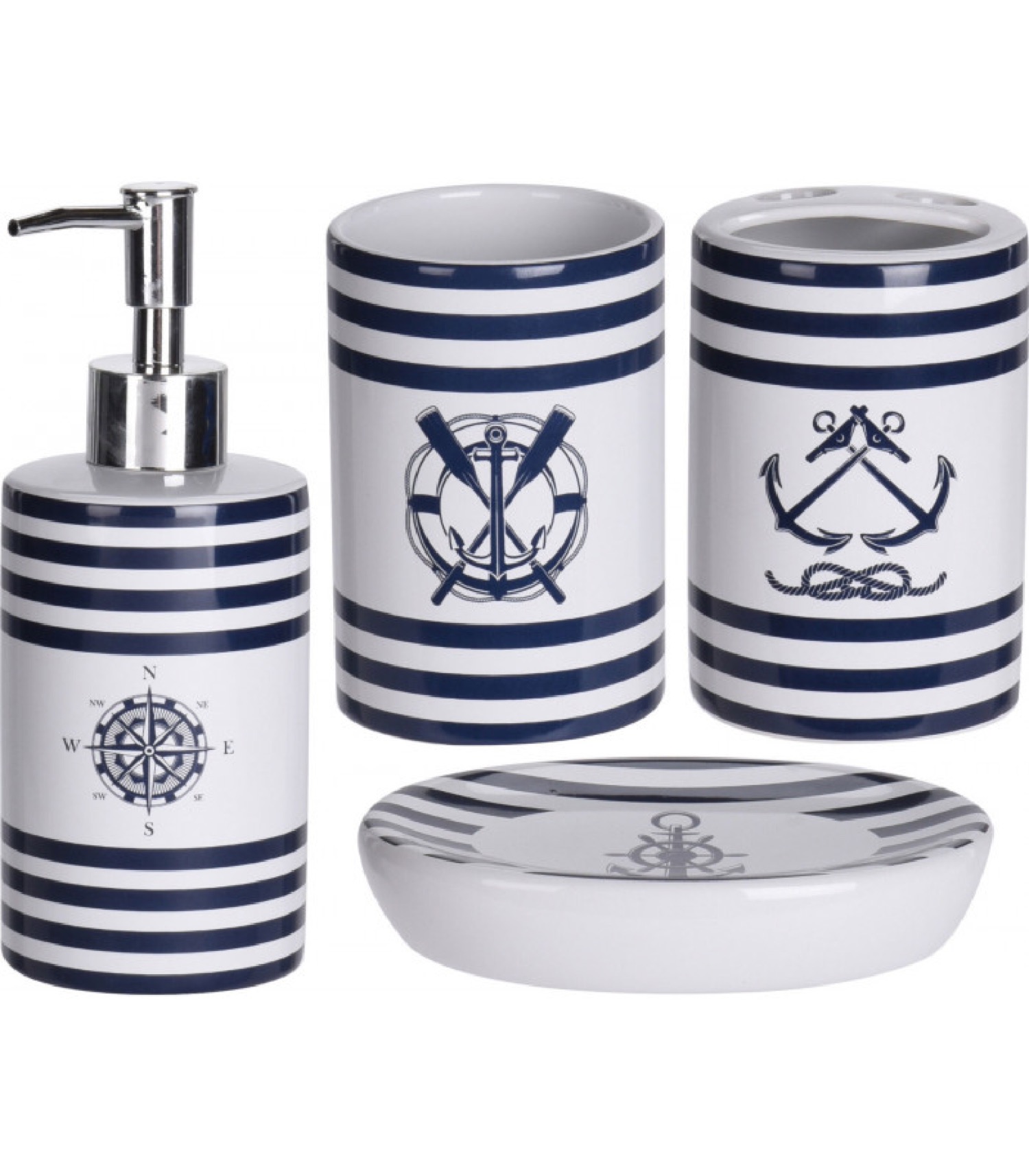 Set salle de bain bleu et blanc nautique 4 pièces Set salle de bain bleu et blanc nautique 4 pièces