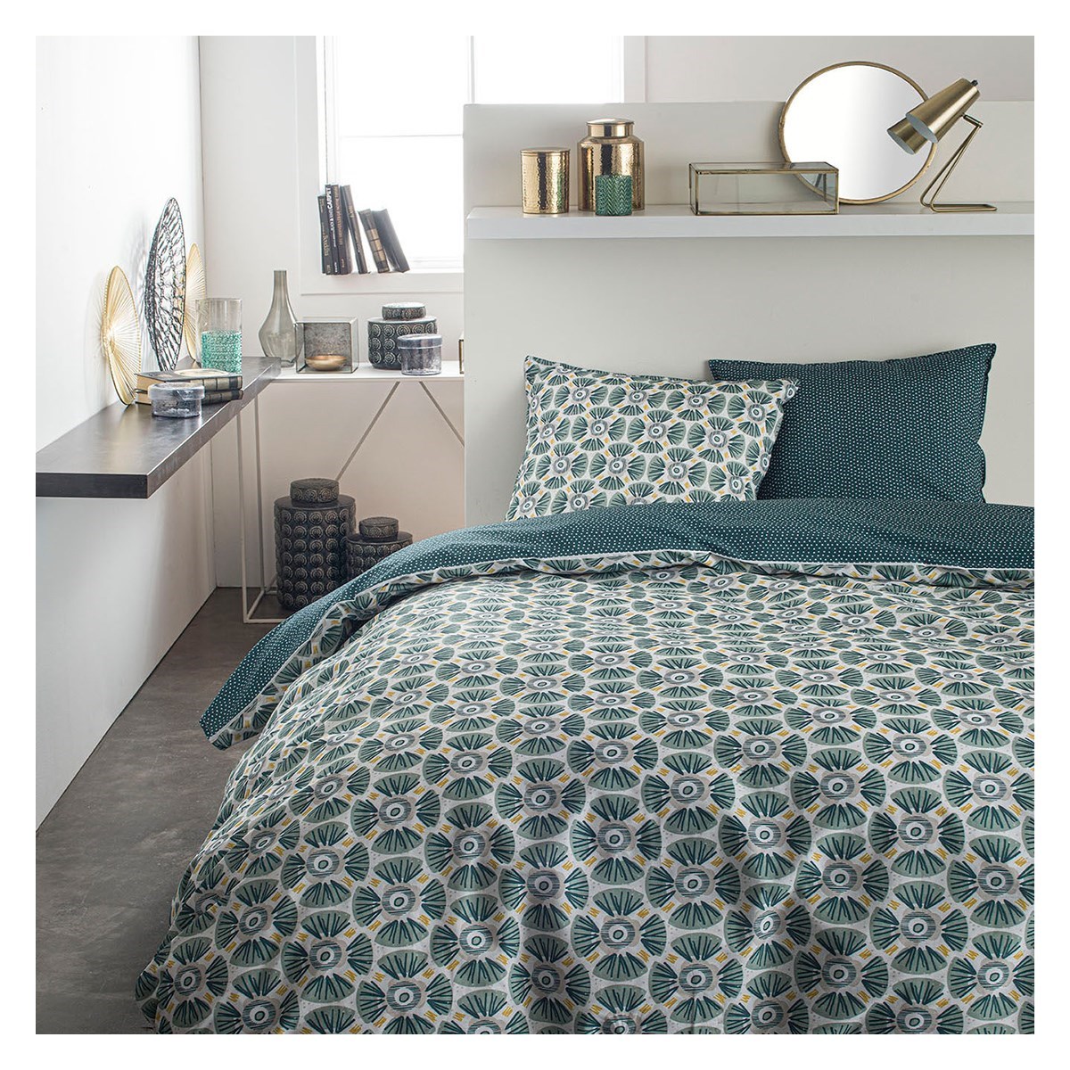 Parure de lit 2 personnes imprimé en Coton Vert 240x260 cm Parure de lit 2 personnes imprimé en Coton Vert 240x260 cm