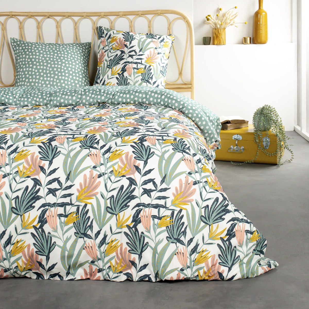 Parure de lit 2 personnes imprimé floral en Coton Vert 220x240 cm Parure de lit 2 personnes imprimé floral en Coton Vert 220x240 cm