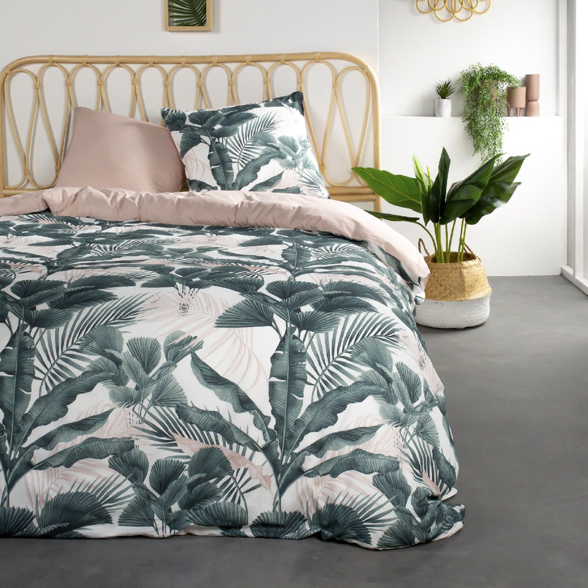 Parure de lit 2 personnes imprimé jungle en Coton Vert 240x260 cm Parure de lit 2 personnes imprimé jungle en Coton Vert 240x260 cm