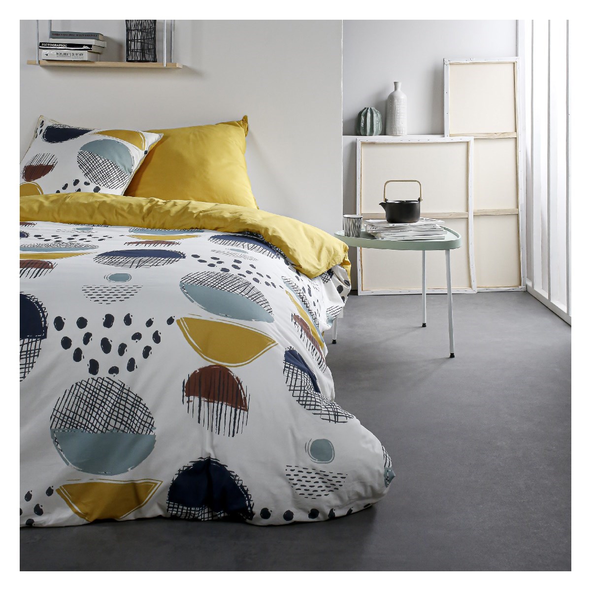 Parure de lit 2 personnes imprimé en Coton Jaune 240x260 cm Parure de lit 2 personnes imprimé en Coton Jaune 240x260 cm