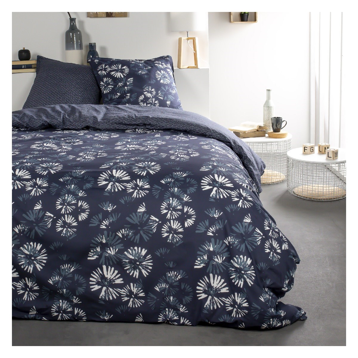 Parure de lit 2 personnes imprimé floral en Coton Bleu 220x240 cm