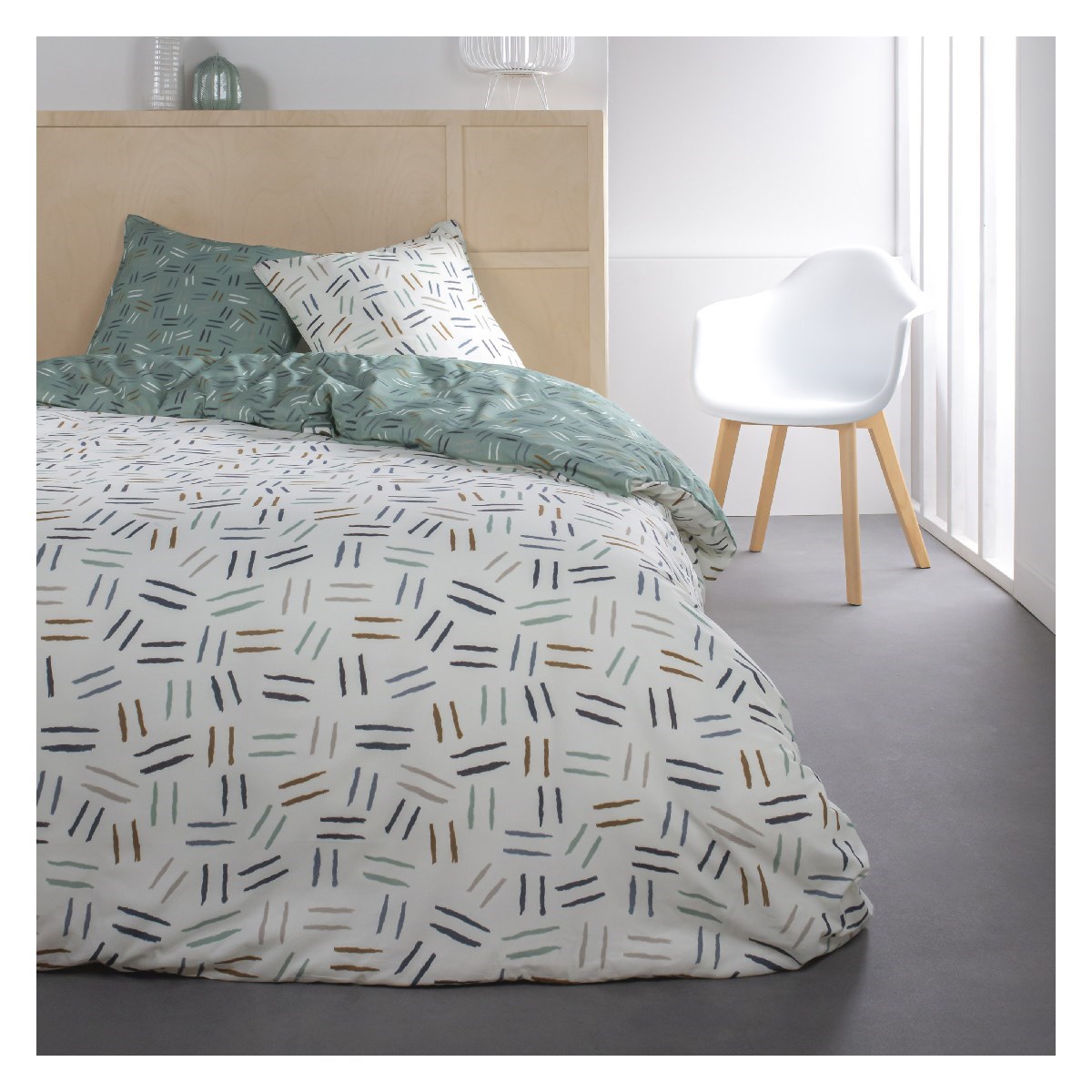 Parure de lit 2 personnes imprimé Rayure en Coton Blanc 220x240 cm Parure de lit 2 personnes imprimé Rayure en Coton Blanc 220x240 cm