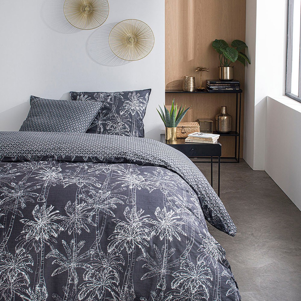 Parure de lit 2 personnes imprimé jungle en Coton Gris 220x240 cm Parure de lit 2 personnes imprimé jungle en Coton Gris 220x240 cm