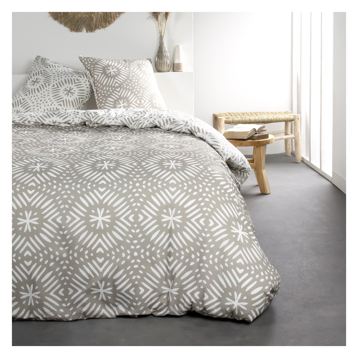 Parure de lit 2 personnes imprimé en Coton Beige 220x240 cm