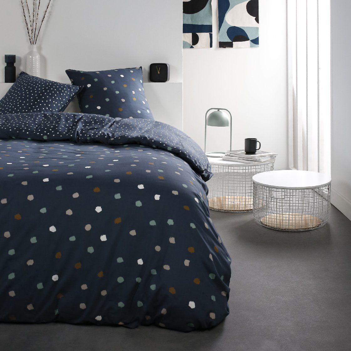 Parure de lit 2 personnes imprimé a pois en Coton Bleu 240x260 cm Parure de lit 2 personnes imprimé a pois en Coton Bleu 240x260 cm