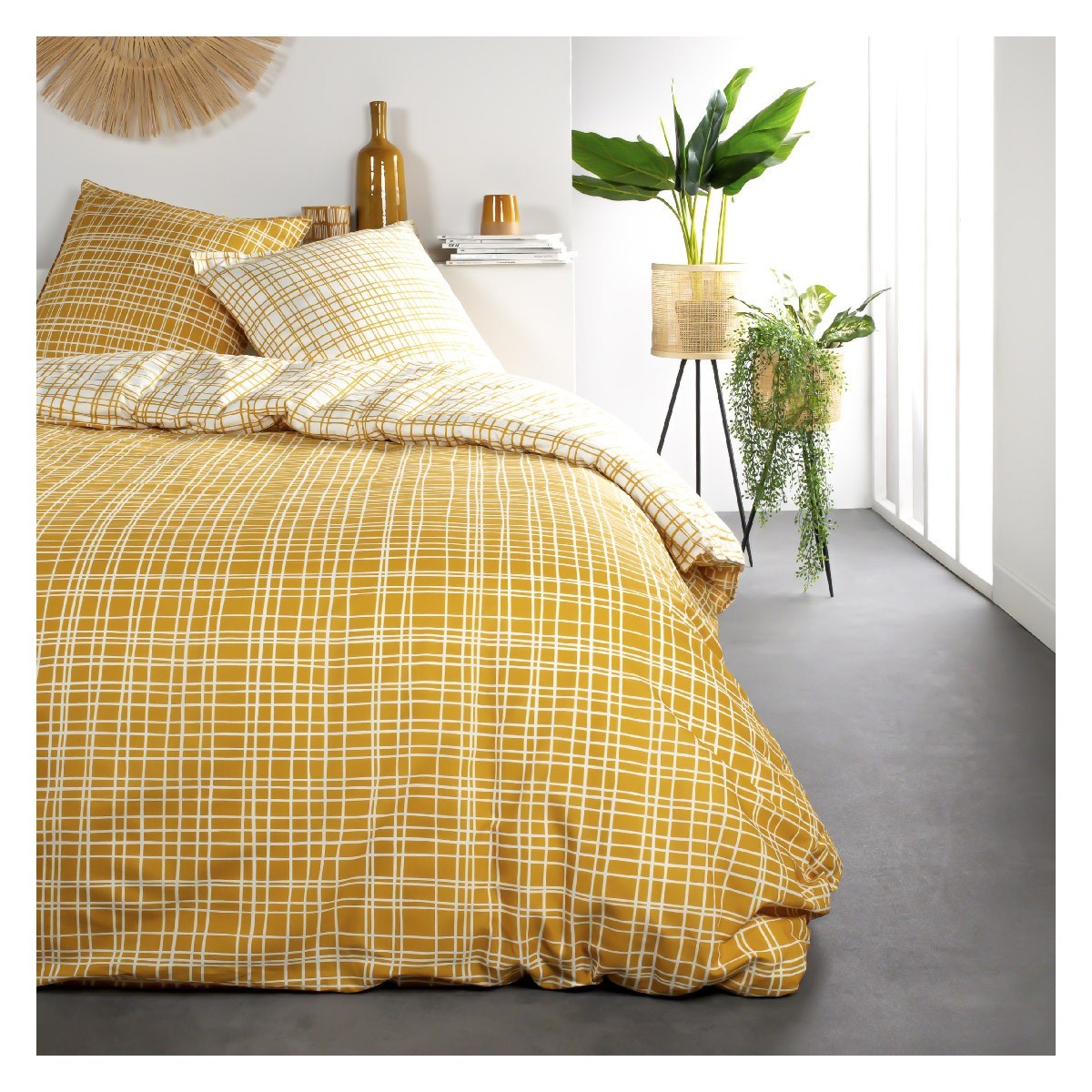 Parure de lit 2 personnes imprimé Rayure en Coton Jaune 240x260 cm Parure de lit 2 personnes imprimé Rayure en Coton Jaune 240x260 cm
