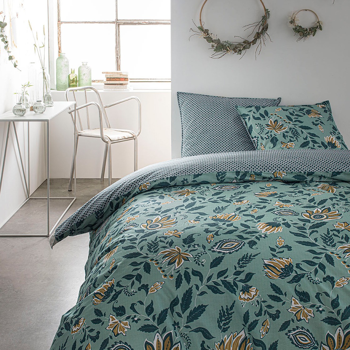 Parure de lit 2 personnes imprimé floral en Coton Vert 220x240 cm Parure de lit 2 personnes imprimé floral en Coton Vert 220x240 cm