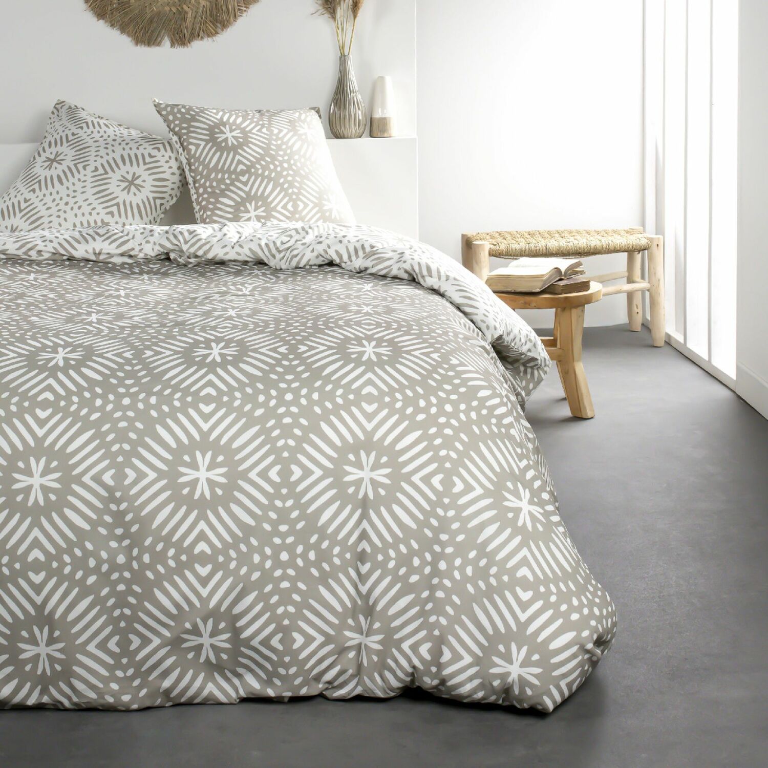 Parure de lit 2 personnes imprimé en Coton Beige 240x260 cm