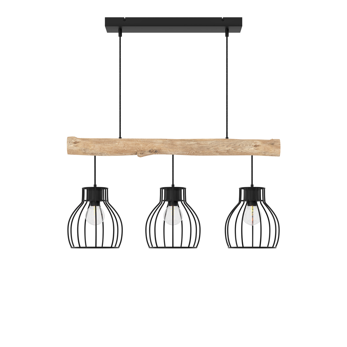 suspension 3 lampes en bois d'eucalyptus et métal noir