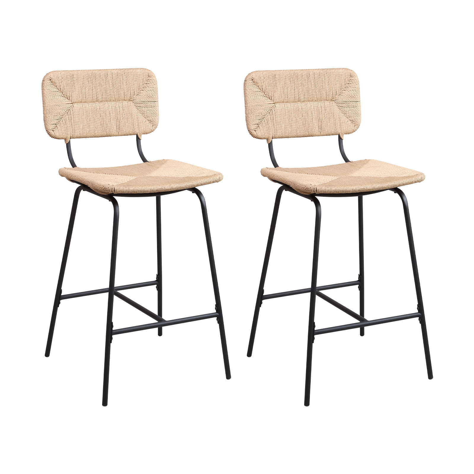 Lot de 2 tabourets d&rsquo;ilot 65 cm en métal et rotin TIDRA