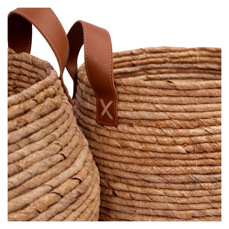 Panier rond en feuille de bananier et cuir (lot de 2) (photo) Panier rond en feuille de bananier et cuir (lot de 2)