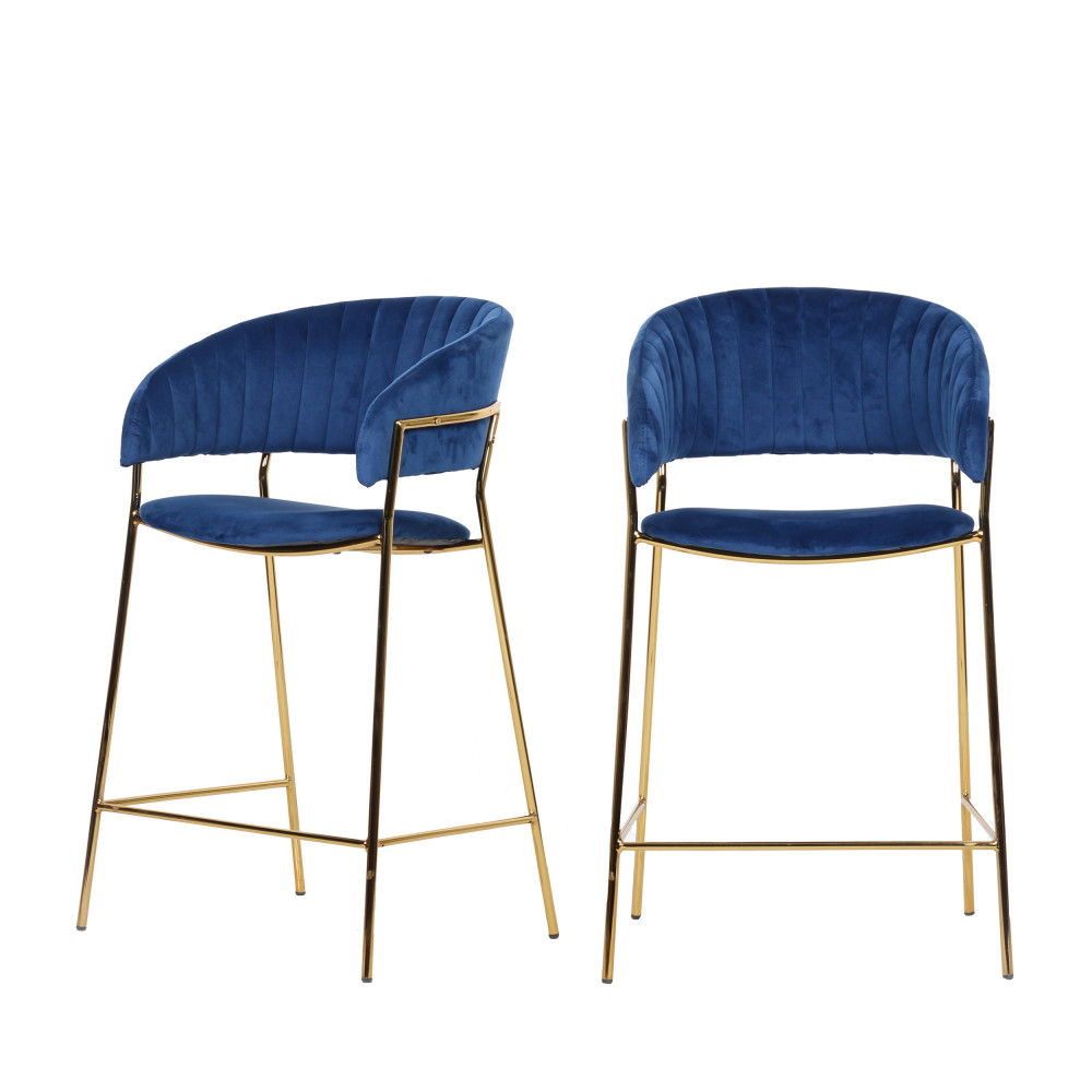 2 tabourets de bar 66cm en métal et velours pieds dorés bleu marine 2 tabourets de bar 66cm en métal et velours pieds dorés bleu marine