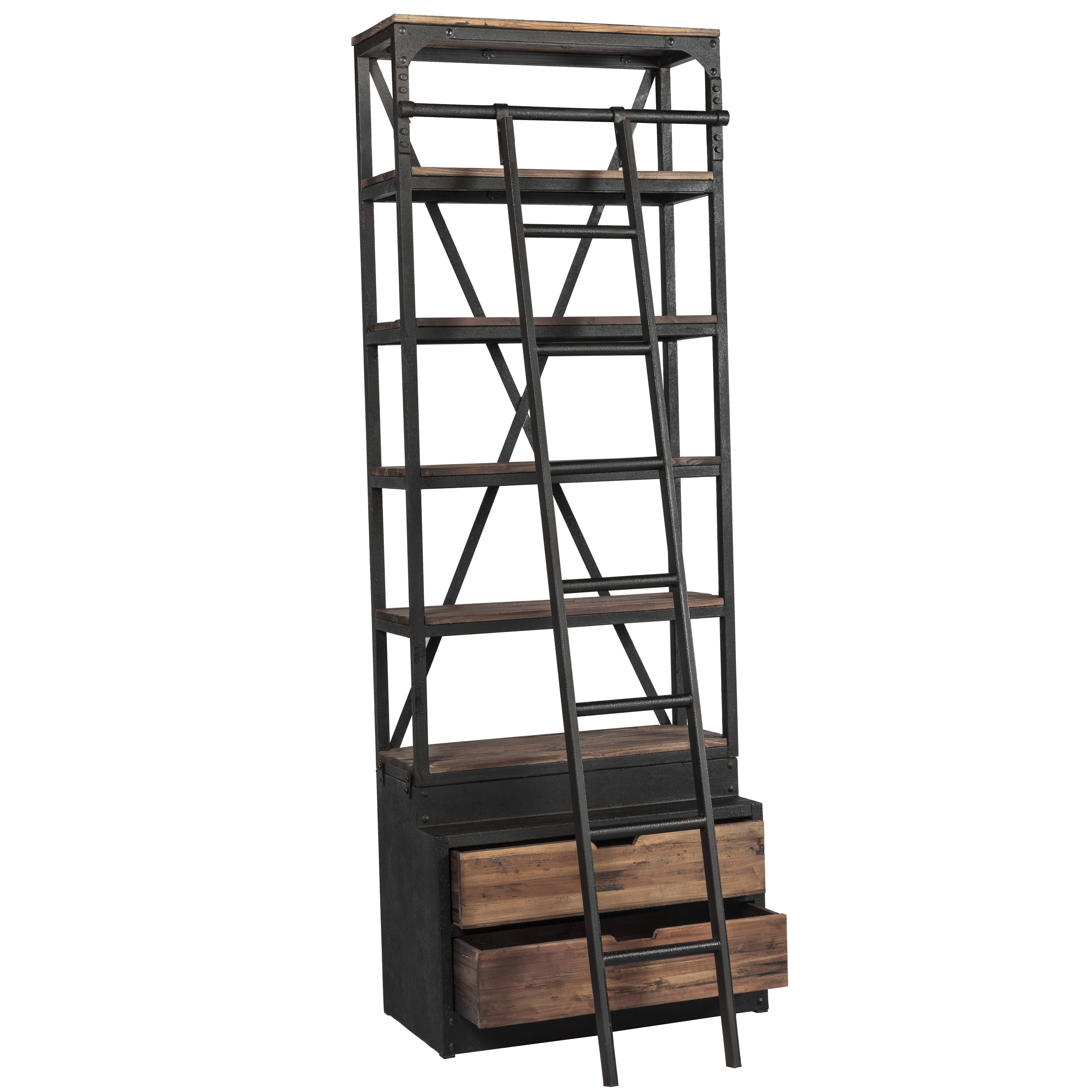 Bibliothèque 86 cm en bois et métal avec échelle, 2 tiroirs Bibliothèque 86 cm en bois et métal avec échelle, 2 tiroirs