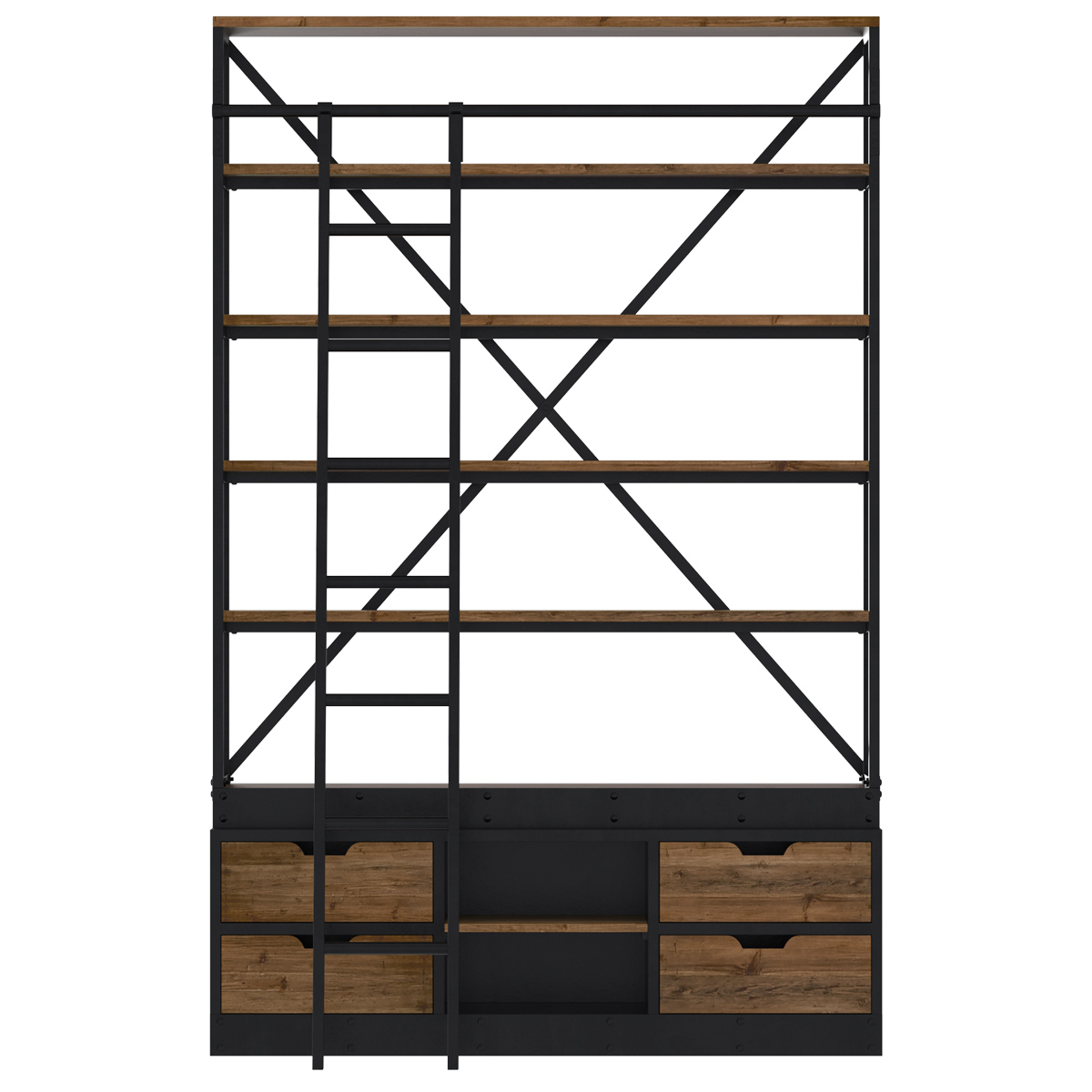 Bibliothèque 160 cm en bois et métal avec échelle, 4 tiroirs Bibliothèque 160 cm en bois et métal avec échelle, 4 tiroirs