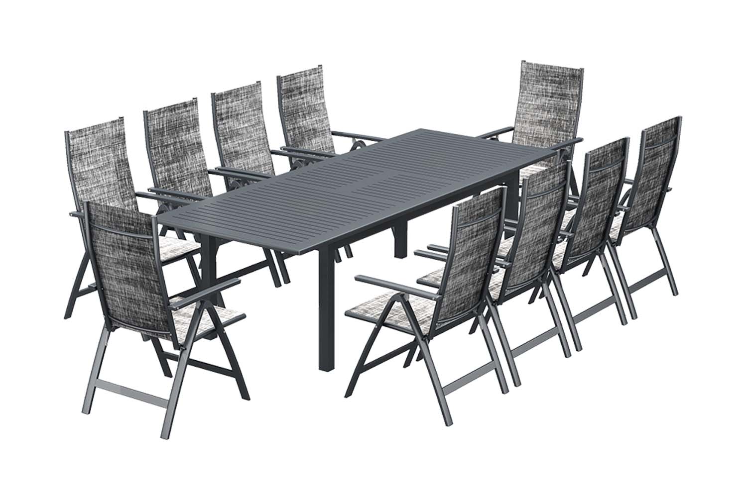 Table de jardin extensible 10 places et 10 fauteuils en alu