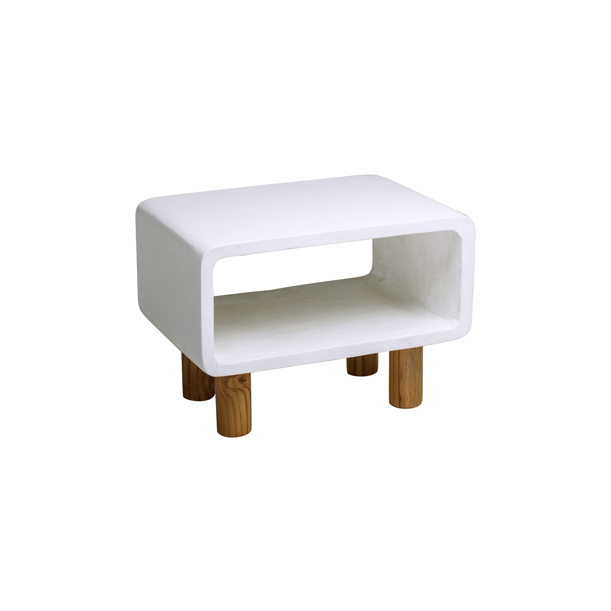 Meuble d'appoint en béton blanc et pieds en teck Meuble d'appoint en béton blanc et pieds en teck
