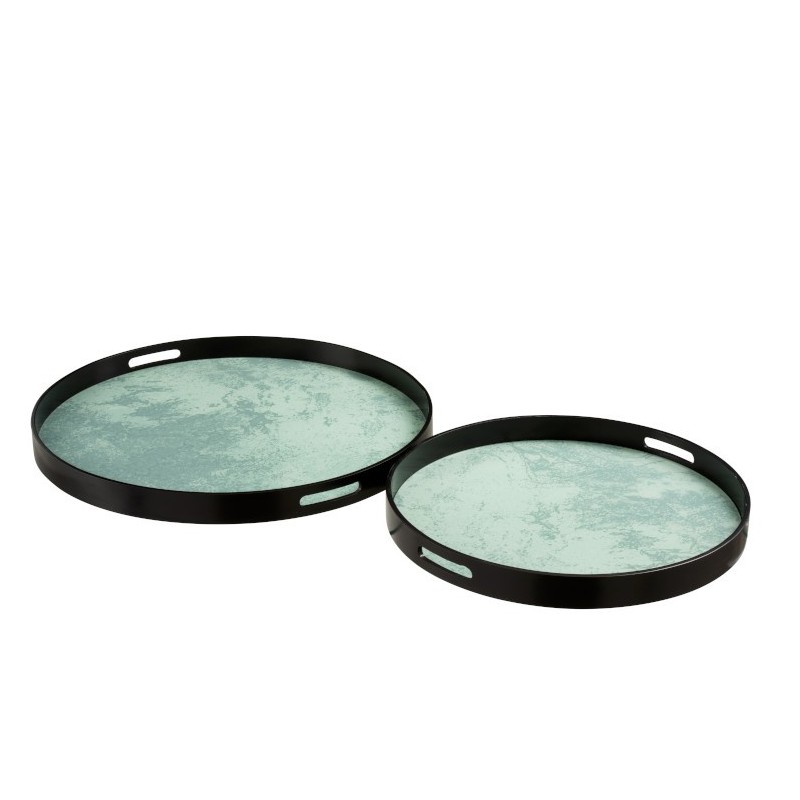 Plateaux mdf/verre noir/vert d'eau D59,5cm - Lot de 2