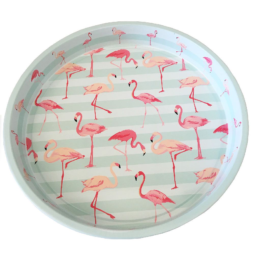 Plateau rond en métal déco flamants roses D33cm