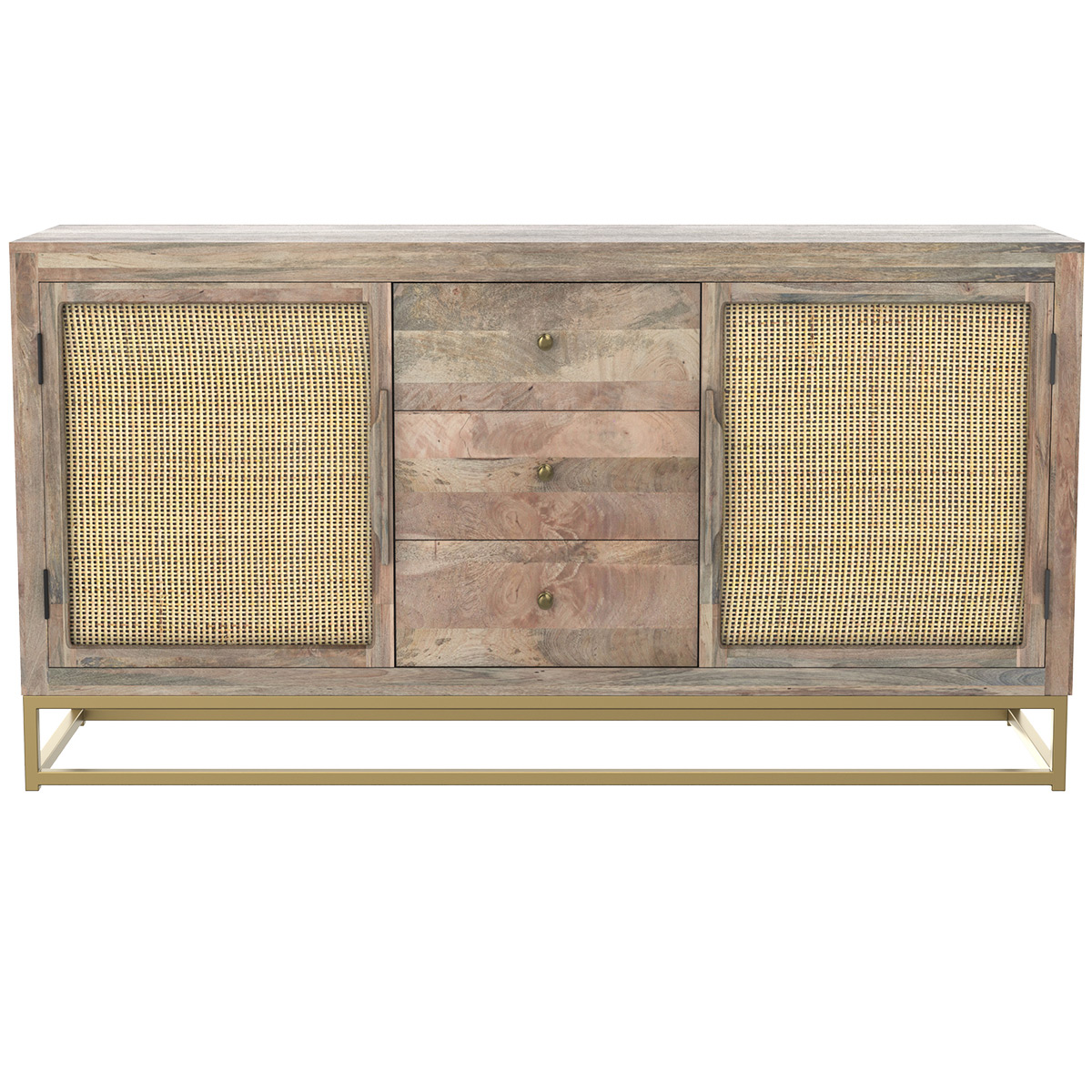 Buffet 2 portes 3 tiroirs en bois patiné, jute et métal Buffet 2 portes 3 tiroirs en bois patiné, jute et métal